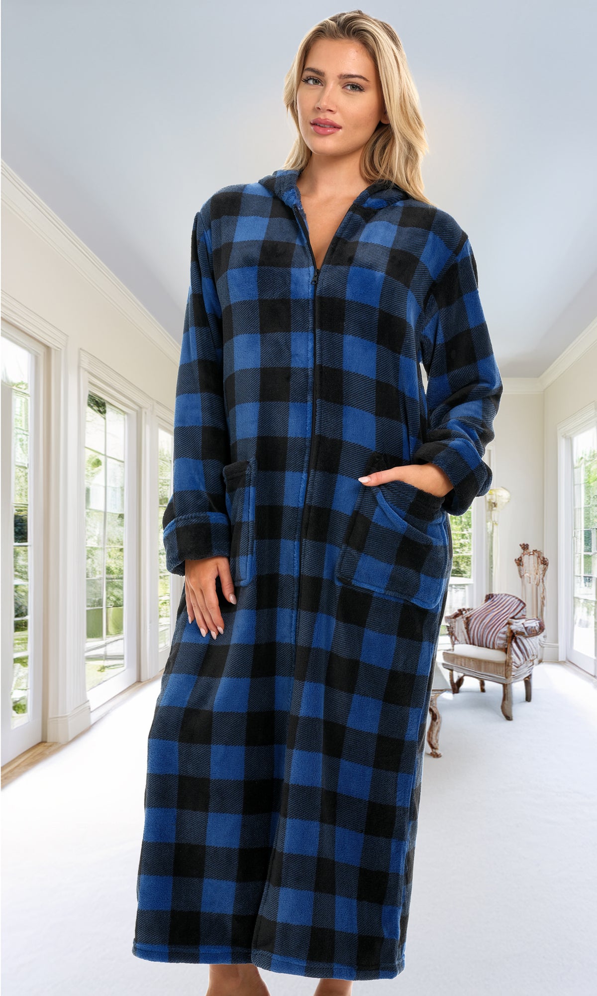 Women's Blue Buffalo Check Plaid Zip Up Fleece Robe with Hood, Oversized Hooded Bathrobe with Two Way Zipper