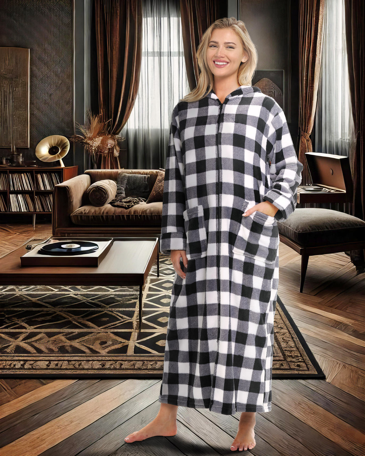 Women's Buffalo Check White Black Plaid Zip Up Fleece Robe with Hood, Oversized Hooded Bathrobe with Two Way Zipper