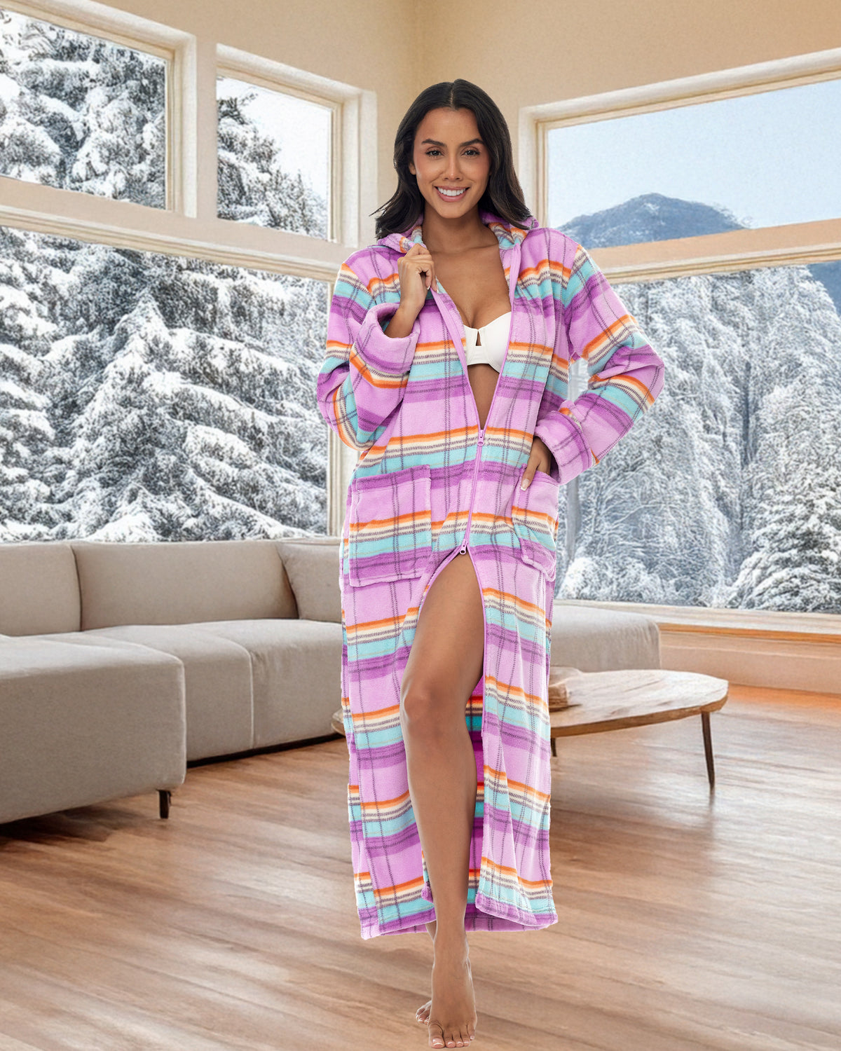 Women's Pastel Plaid Zip Up Fleece Robe with Hood, Oversized Hooded Bathrobe with Two Way Zipper