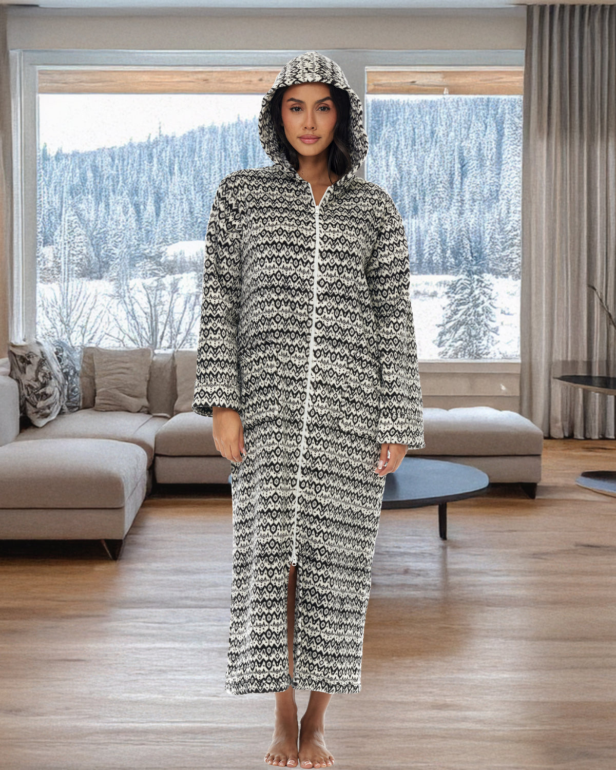 Women's Savanna Rhythm Zip Up Fleece Robe with Hood, Oversized Hooded Bathrobe with Two Way Zipper