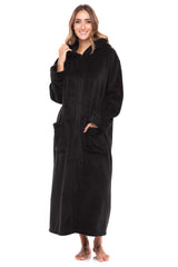 Women's Black Zip Up Fleece Robe with Hood, Oversized Hooded Bathrobe with Two Way Zipper
