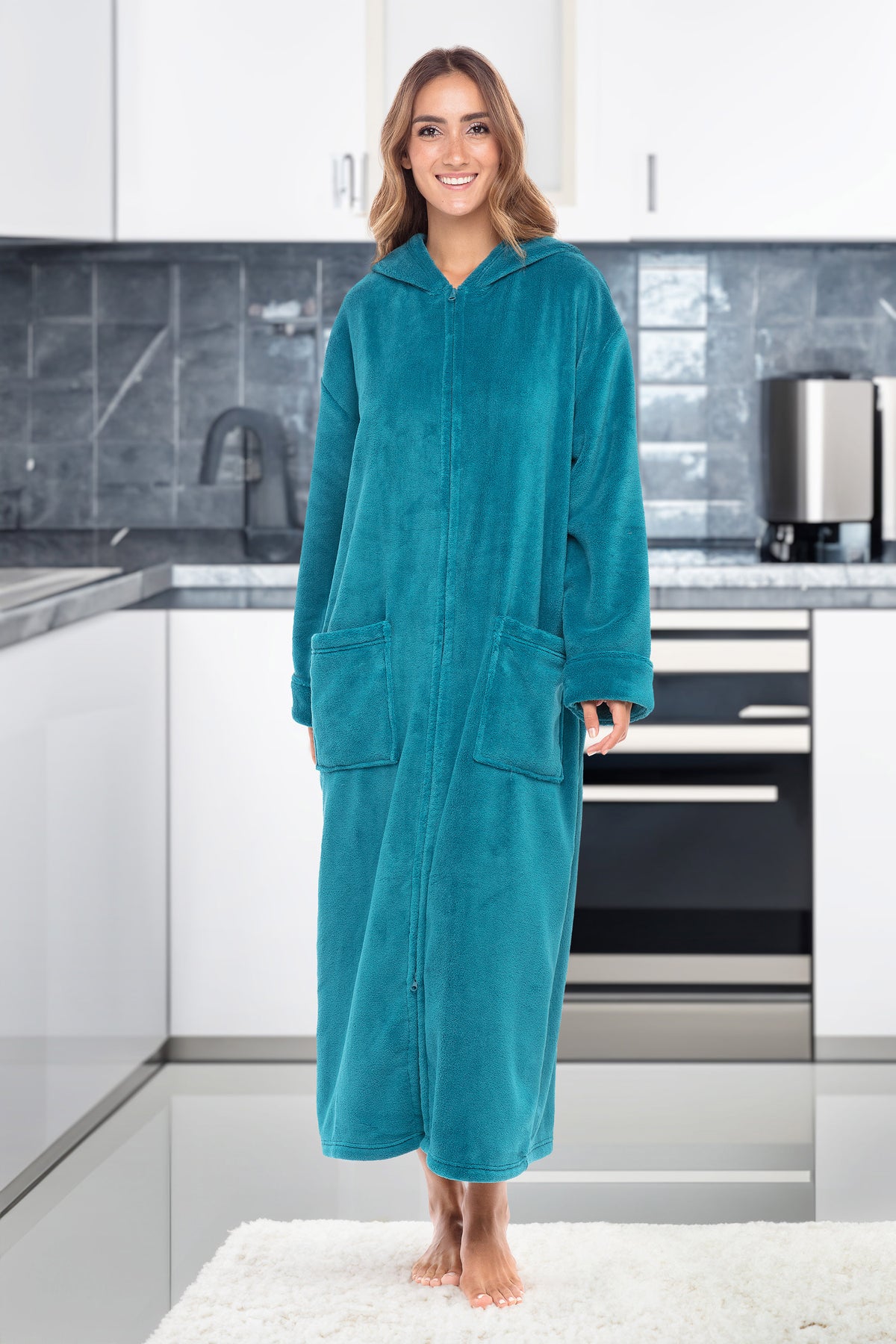 Women's Turquoise Zip Up Fleece Robe with Hood, Oversized Hooded Bathrobe with Two Way Zipper