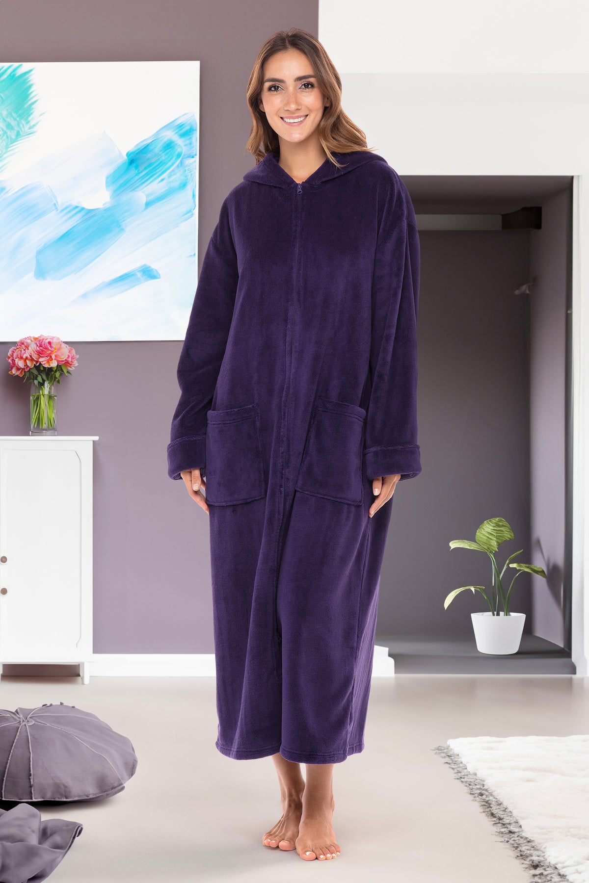 Women's Purple Zip Up Fleece Robe with Hood, Oversized Hooded Bathrobe with Two Way Zipper