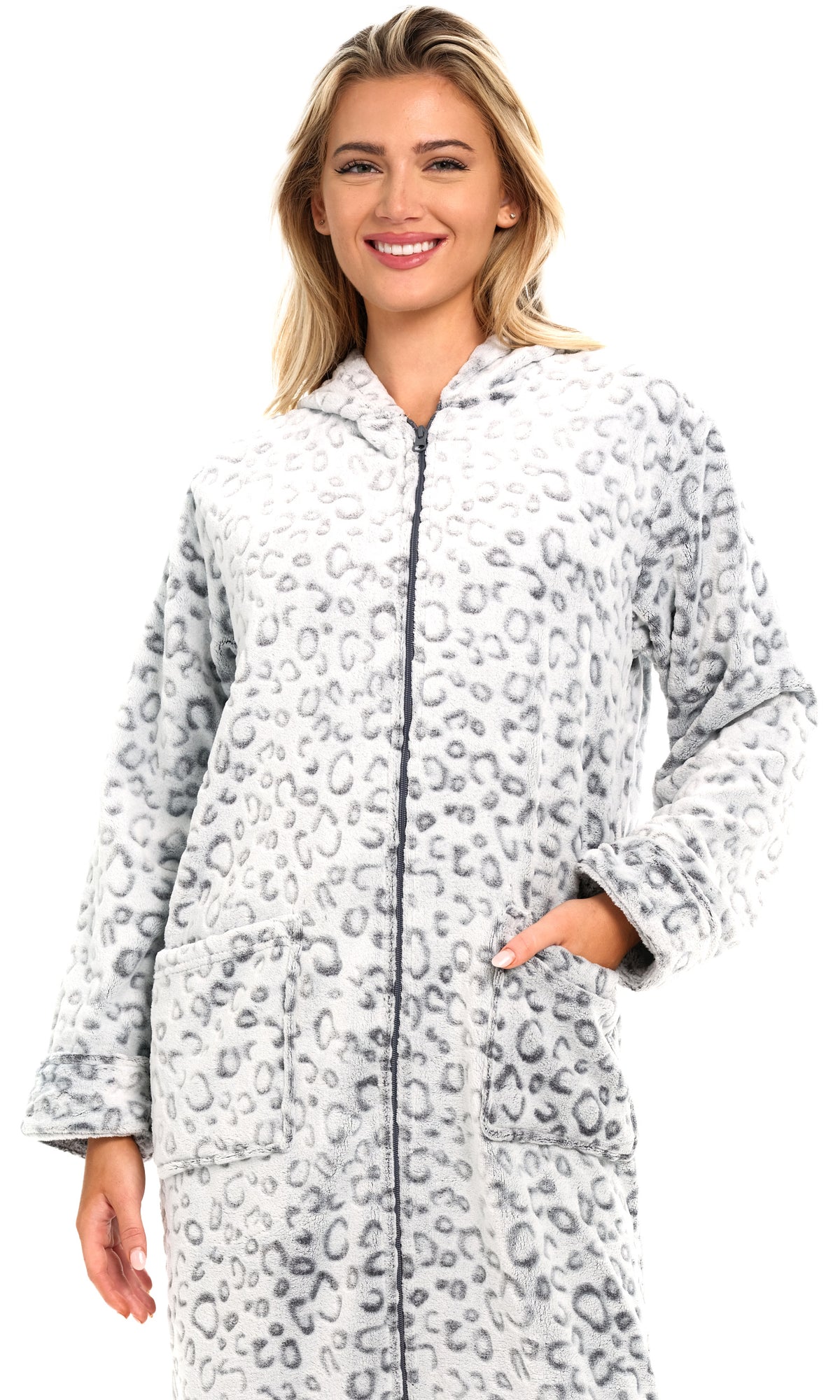 Women's Leopard Print White Zip Up Fleece Robe with Hood, Oversized Hooded Bathrobe with Two Way Zipper