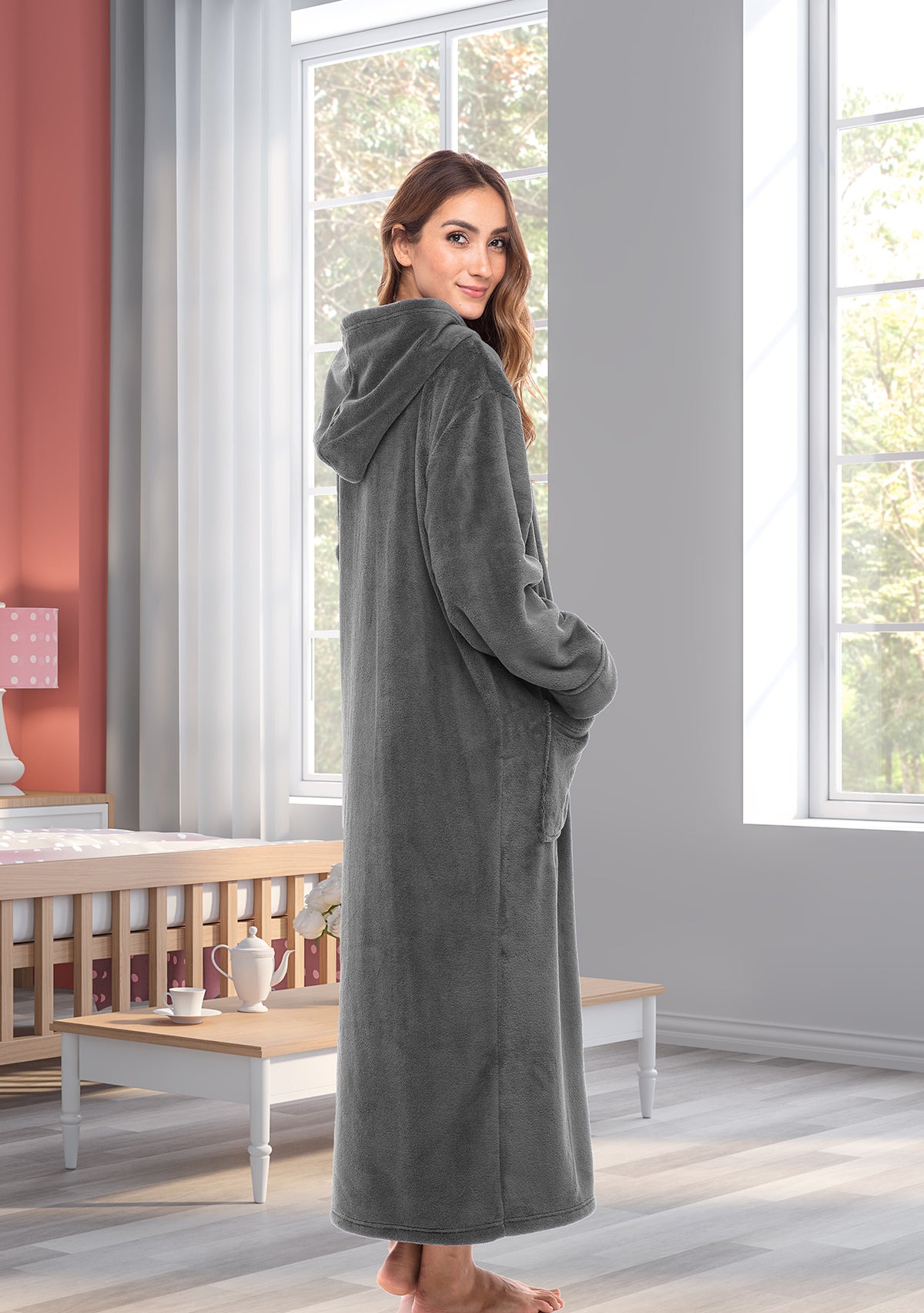 Women's Steel Gray Zip Up Fleece Robe with Hood, Oversized Hooded Bathrobe with Two Way Zipper
