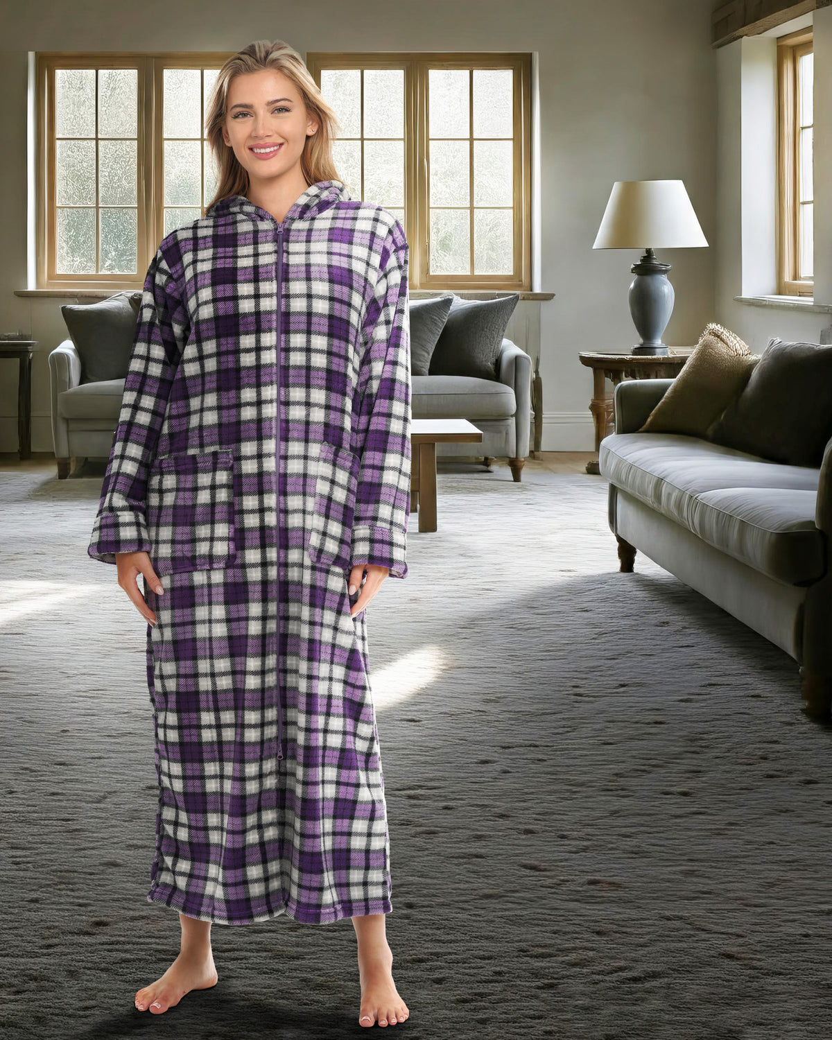 Women's Lavender Tartan Plaid Zip Up Fleece Robe with Hood, Oversized Hooded Bathrobe with Two Way Zipper