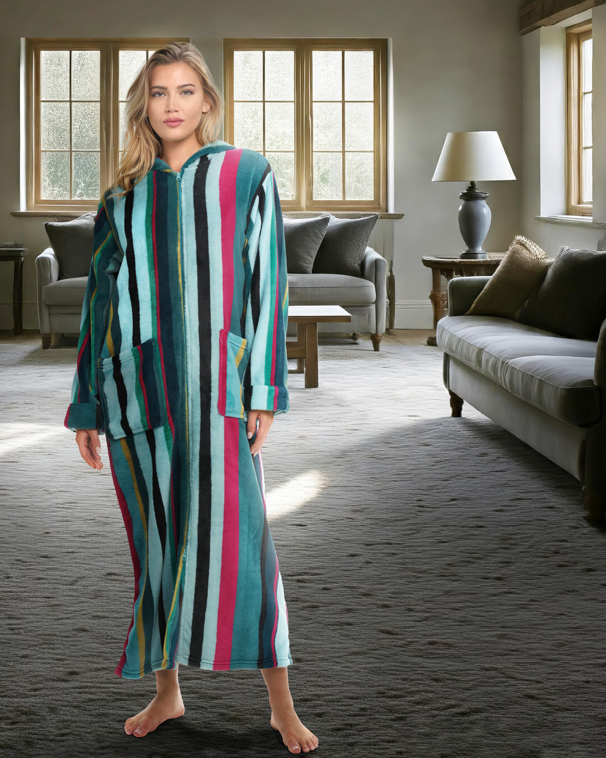 Women's Aqua and Magenta Striped Zip Up Fleece Robe with Hood, Oversized Hooded Bathrobe with Two Way Zipper