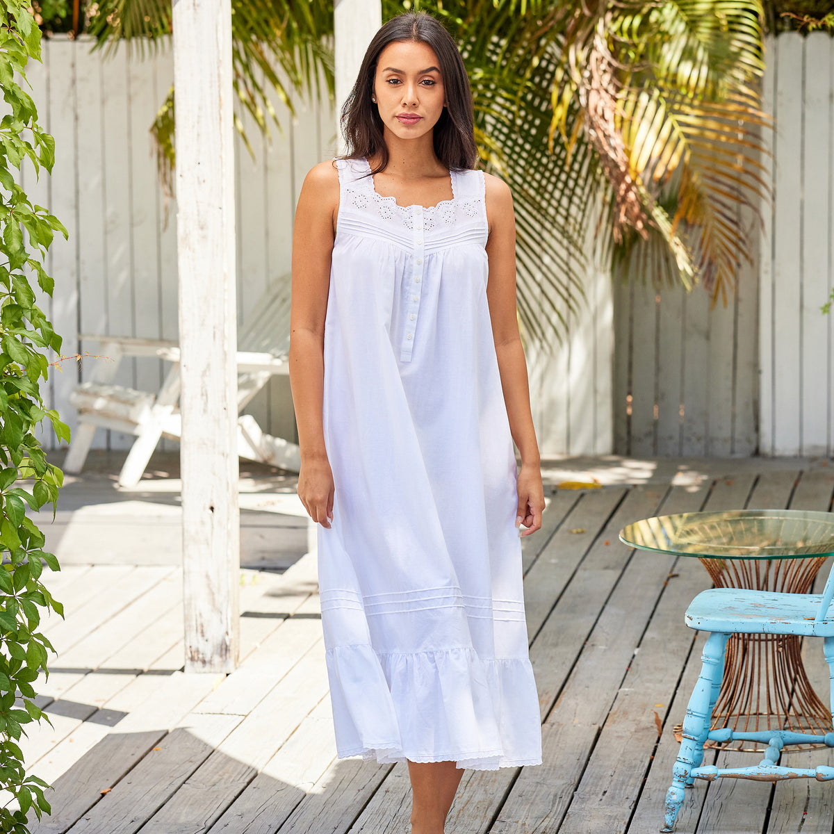 Women's White Cotton Victorian Nightgown, Gwendoline Sleeveless Lace Trimmed Button Up Long Nightshirt
