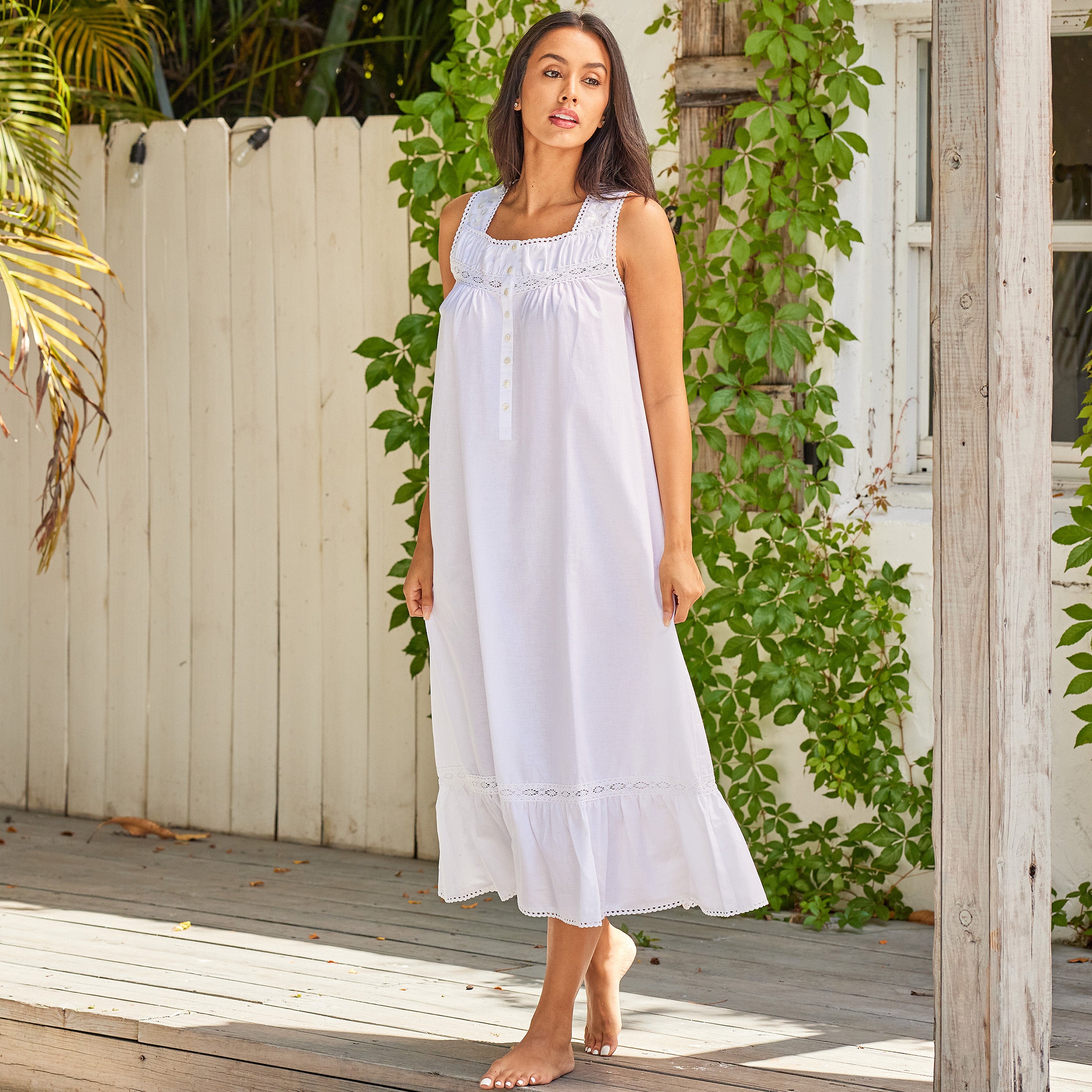 ADR Women's Cotton Nightgown, Sleeveless Lace Trimmed Button Up Long Vintage Night Dress Gown Alexander Del Rossa, a Mystic Clothing brand. ADR Women's Cotton Nightgown, Sleeveless Lace Trimmed Button Up Long Vintage Night Dress Gown Alexander Del Rossa, a Mystic Clothing brand.