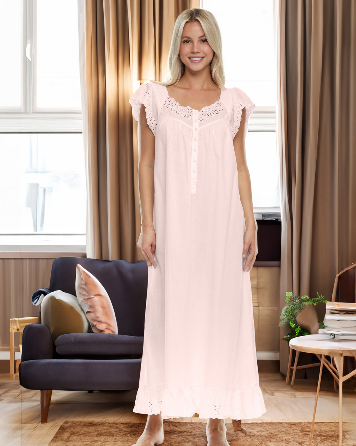 Women's Pink Peach - Katelyn Cotton Victorian Nightgown, Katelyn Short Sleeve Lace Trimmed Button Up Long Nightshirt