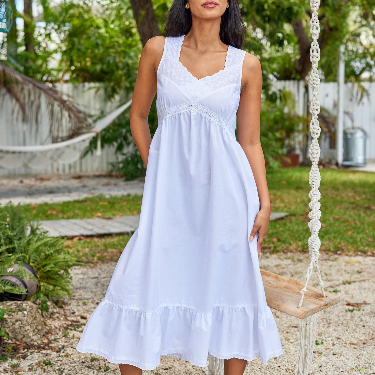 Women's White v2 Cotton Victorian Nightgown, Priscilla Sleeveless Lace Trimmed Deep V-neck Long Night Dress
