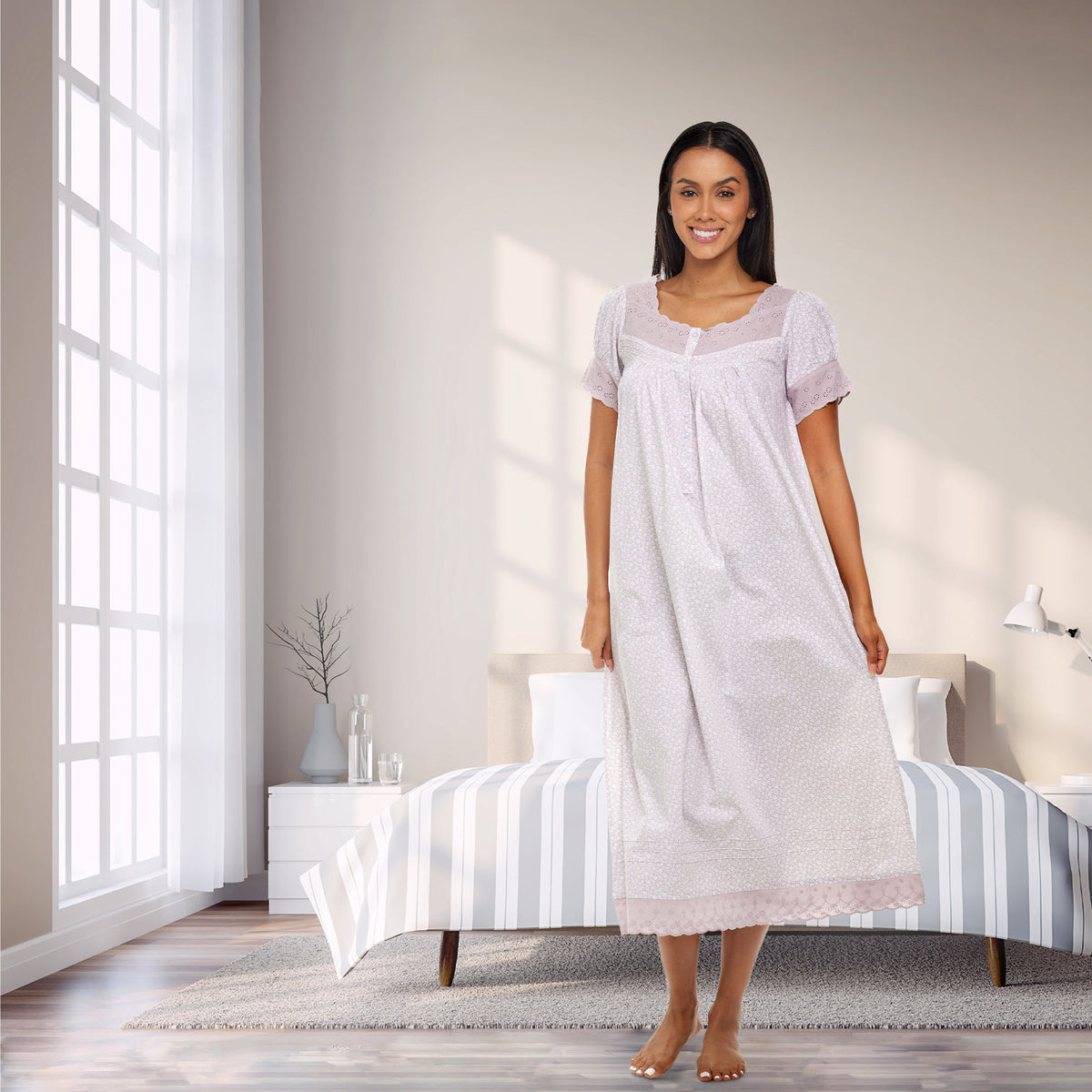 Women's White Floral on Gray Cotton Victorian Nightgown, Amelia Short Sleeve Lace Trimmed Button Up Long Night Dress