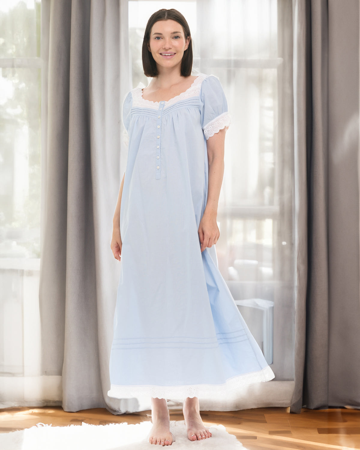 Women's Light Blue Cotton Victorian Nightgown, Amelia Short Sleeve Lace Trimmed Button Up Long Night Dress