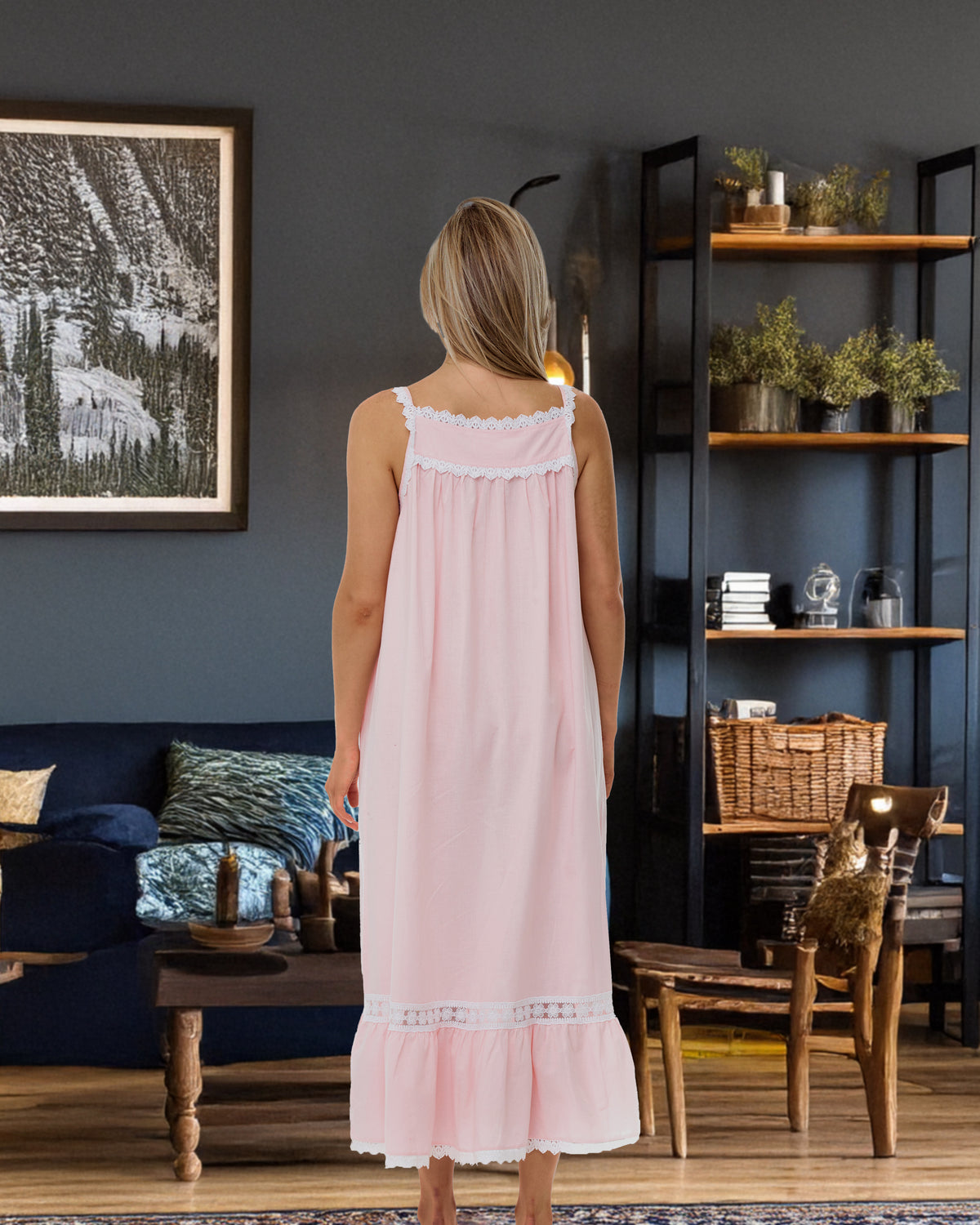 Women's Pink Peach Cotton Victorian Nightgown, Cecilia Sleeveless Lace Trimmed Button Up Long Night Dress