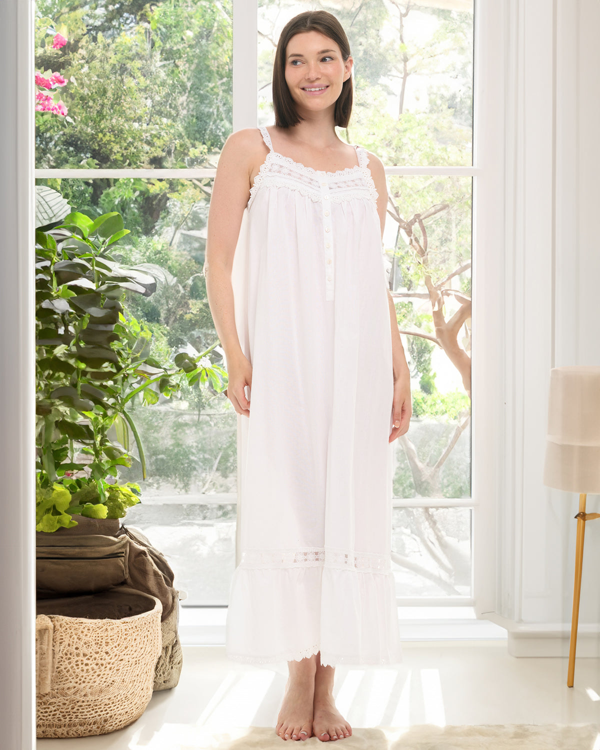 Women's White Version 2 Cotton Victorian Nightgown, Cecilia Sleeveless Lace Trimmed Button Up Long Night Dress