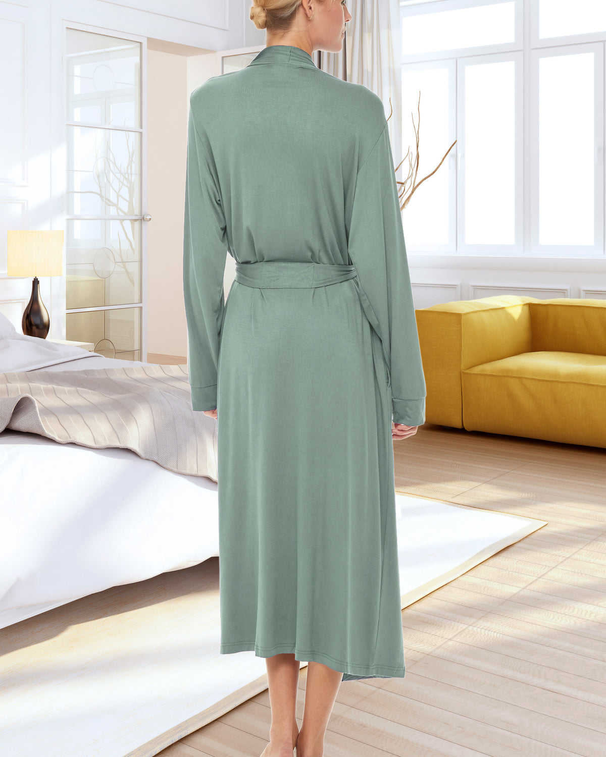 Women's Sage Green Cotton Long Knit Robe with Pockets, Lightweight Bathrobe