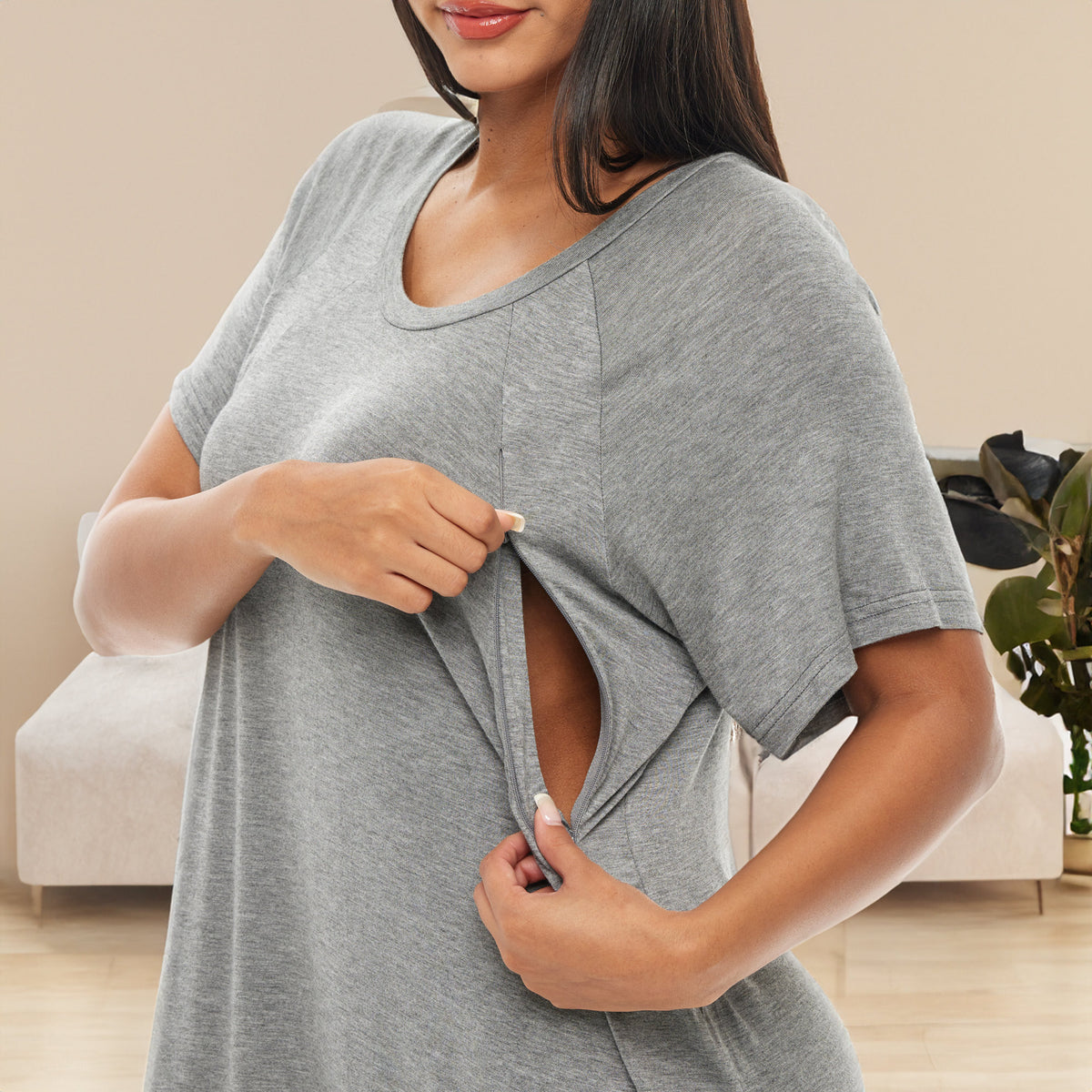 Raspberry Maternity Breastfeeding Nightshirt, Nightgown with Zipper for Nursing, Sleep Shirt Pajama Top