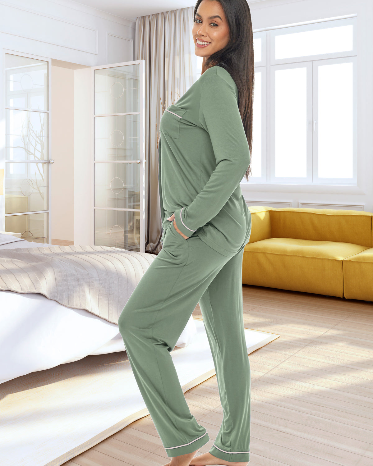 Sage Green Classic Cotton Knit Pajamas Set with Pockets, Lightweight Long Sleeve PJ Set