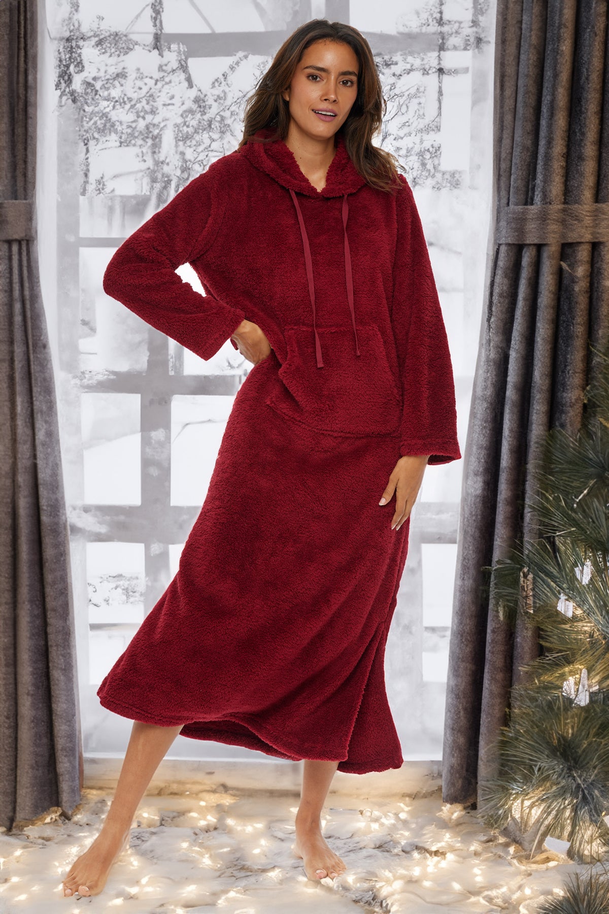 Women's Burgundy Plush Sweatshirt Robe with Pockets, Long Hooded Fleece Duster Kaftan