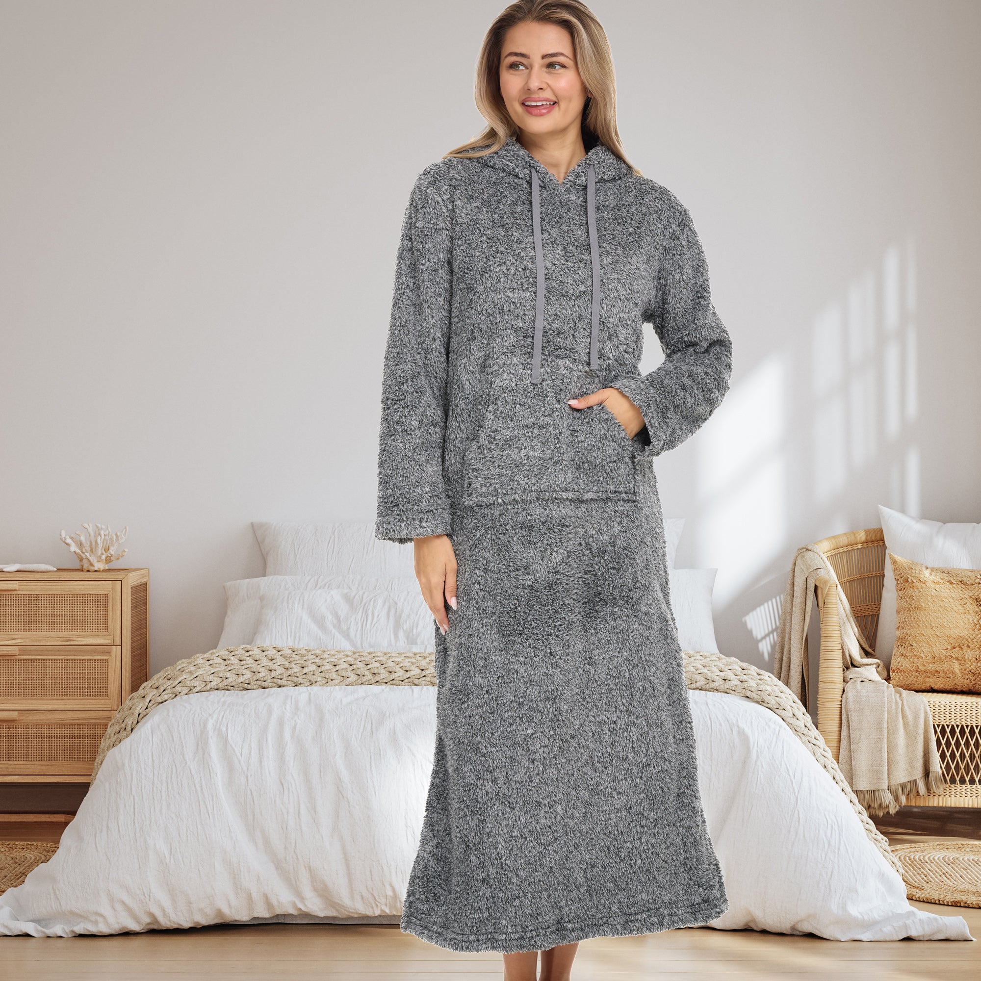 hooded dressing gown long M&Co Dark Grey Soft Touch Waffle Hooded Dressing Gown