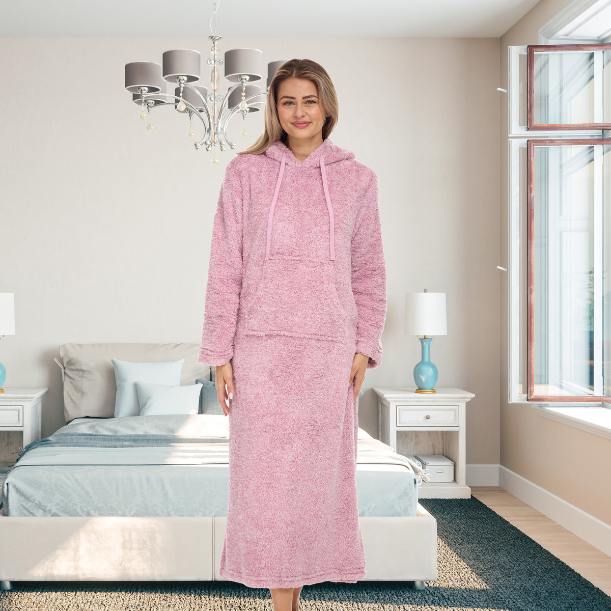 Women's Heathered Mauve Plush Sweatshirt Robe with Pockets, Long Hooded Fleece Duster Kaftan