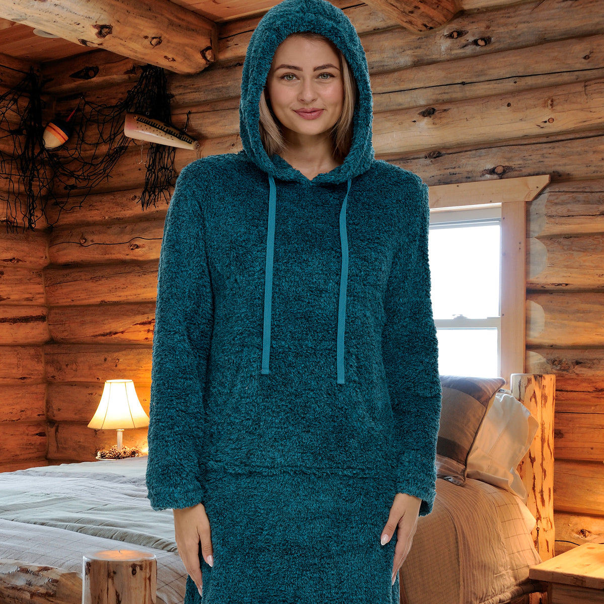 Women's Heathered Teal Plush Sweatshirt Robe with Pockets, Long Hooded Fleece Duster Kaftan