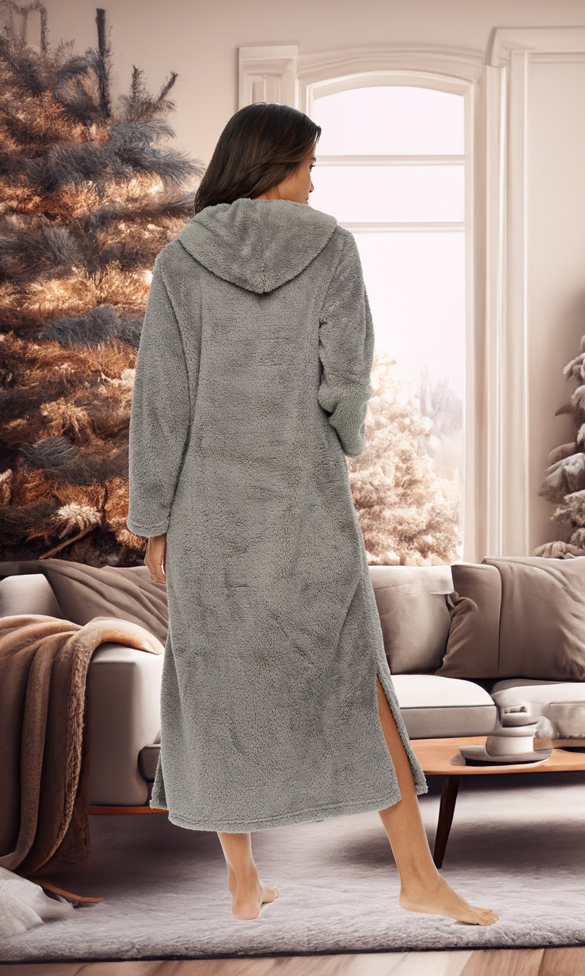 Women's Steel Gray Plush Sweatshirt Robe with Pockets, Long Hooded Fleece Duster Kaftan