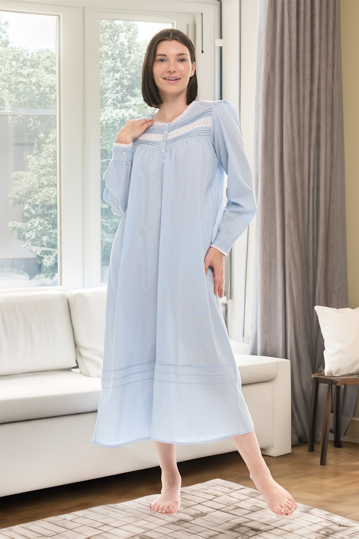 Women's Light Blue Cotton Victorian Nightgown with Pockets, Emily Long Sleeve Lace Trimmed Button Up Long Night Dress