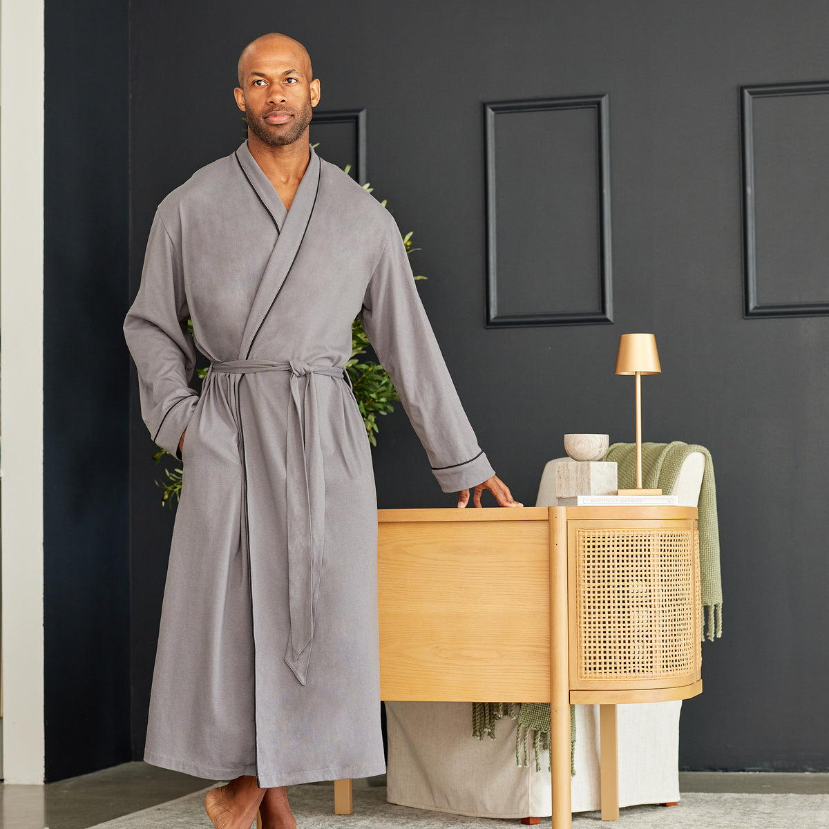 Mens Steel Gray - 5 ft 5 in & Taller Long Knit Lounge Robe with Pockets