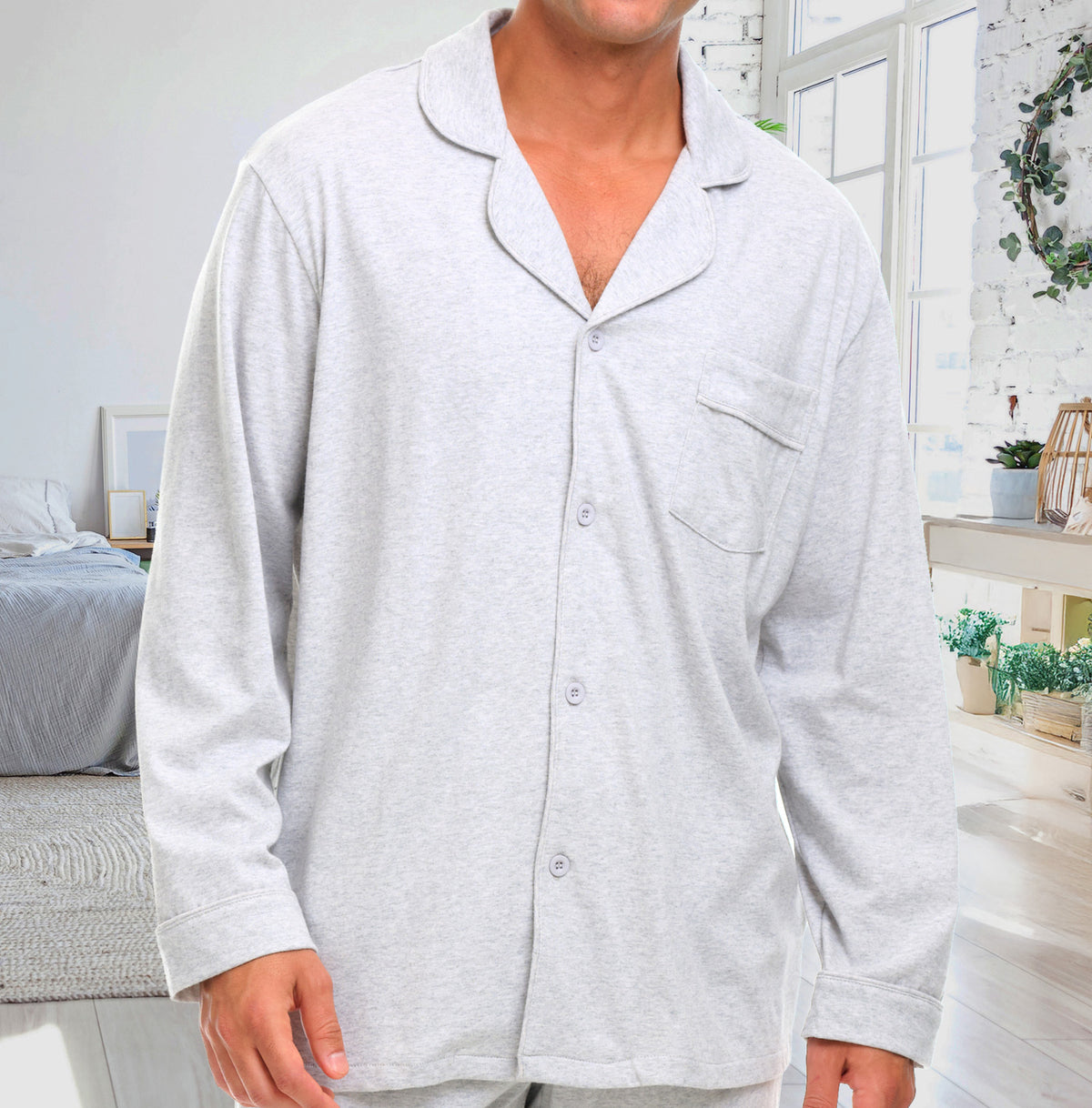Mens Light Heathered Gray - 5 ft 5 in & Taller Classic Knit Pajamas Set