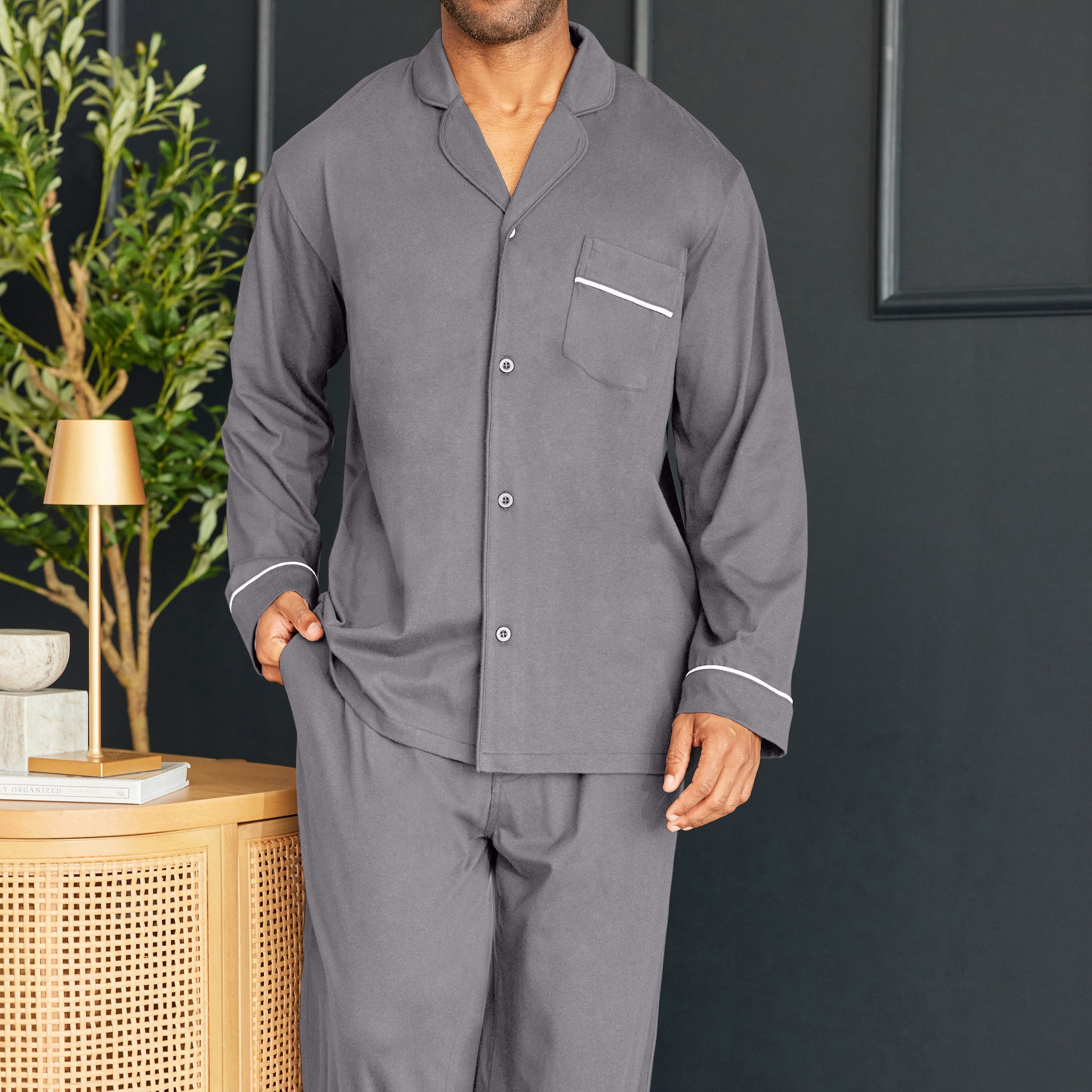 ADR Men's Soft Cotton Knit Jersey Pajamas Lounge Set, Long Sleeve