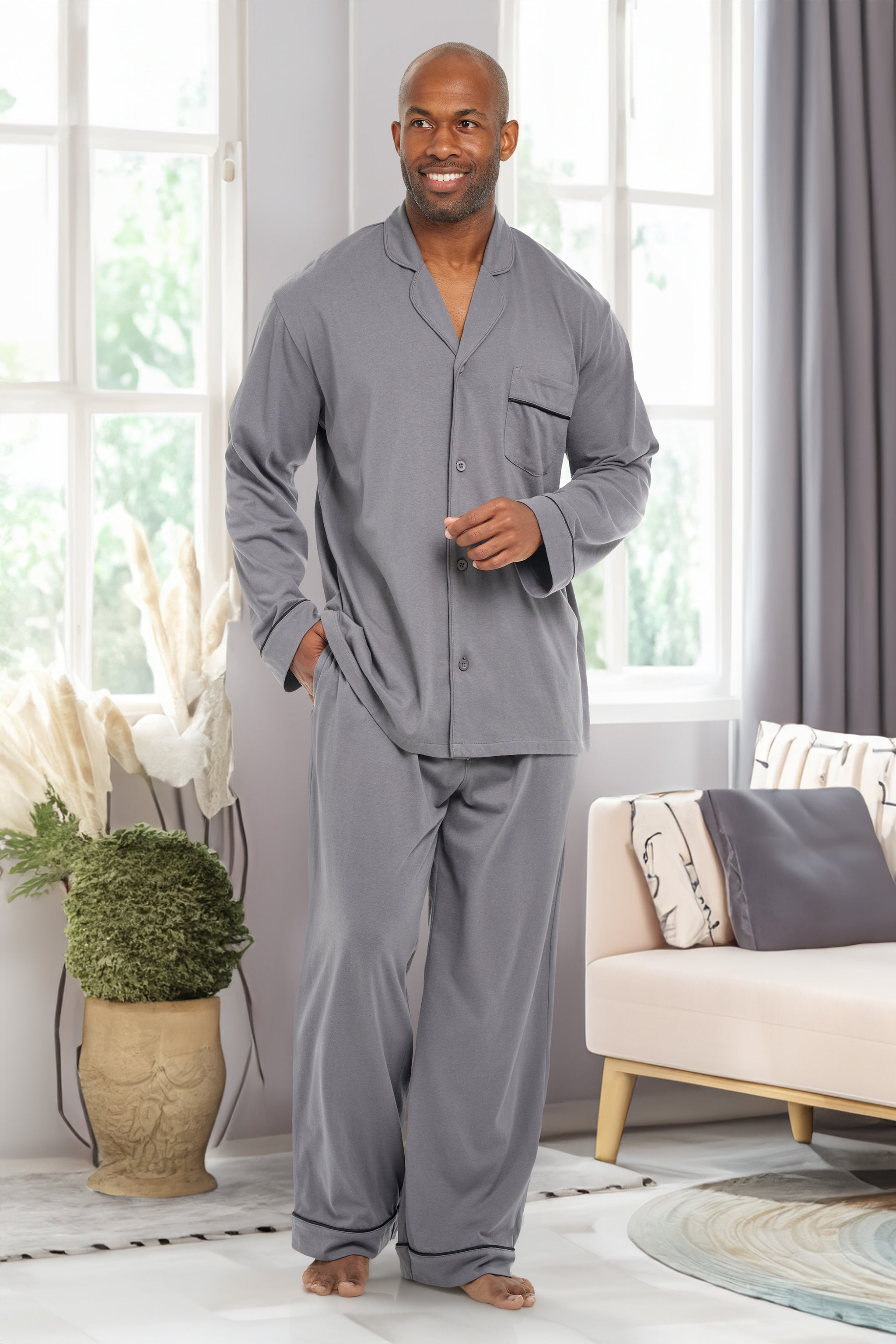 ADR Men's Soft Cotton Knit Jersey Pajamas Lounge Set, Long Sleeve
