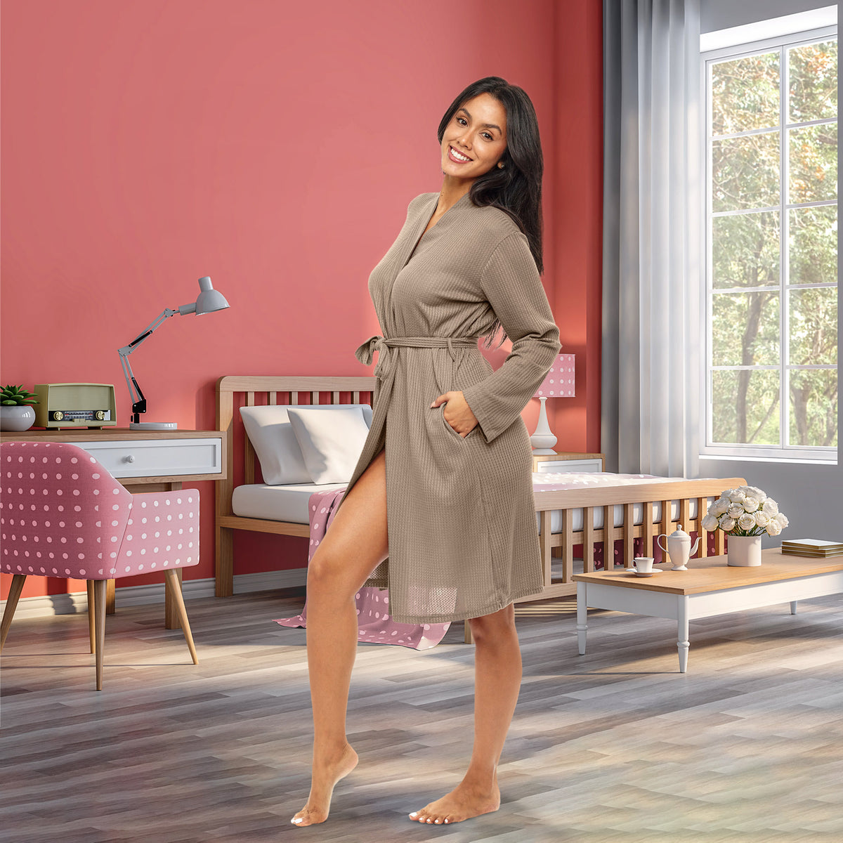 Women's Shadow Beige Knit Wrap Robe with Pockets, Lightweight Bathrobe