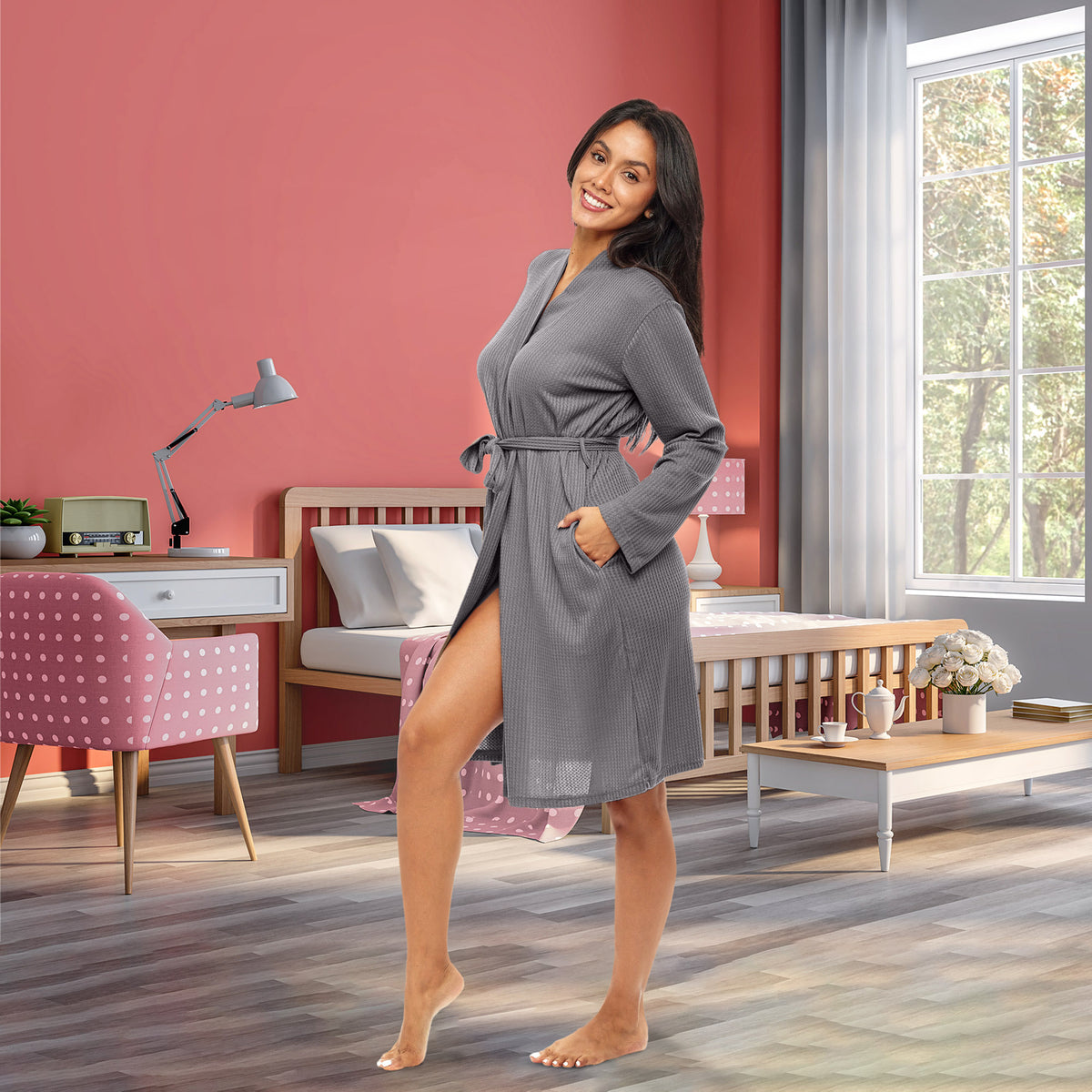 Women's Ash Gray Knit Wrap Robe with Pockets, Lightweight Bathrobe