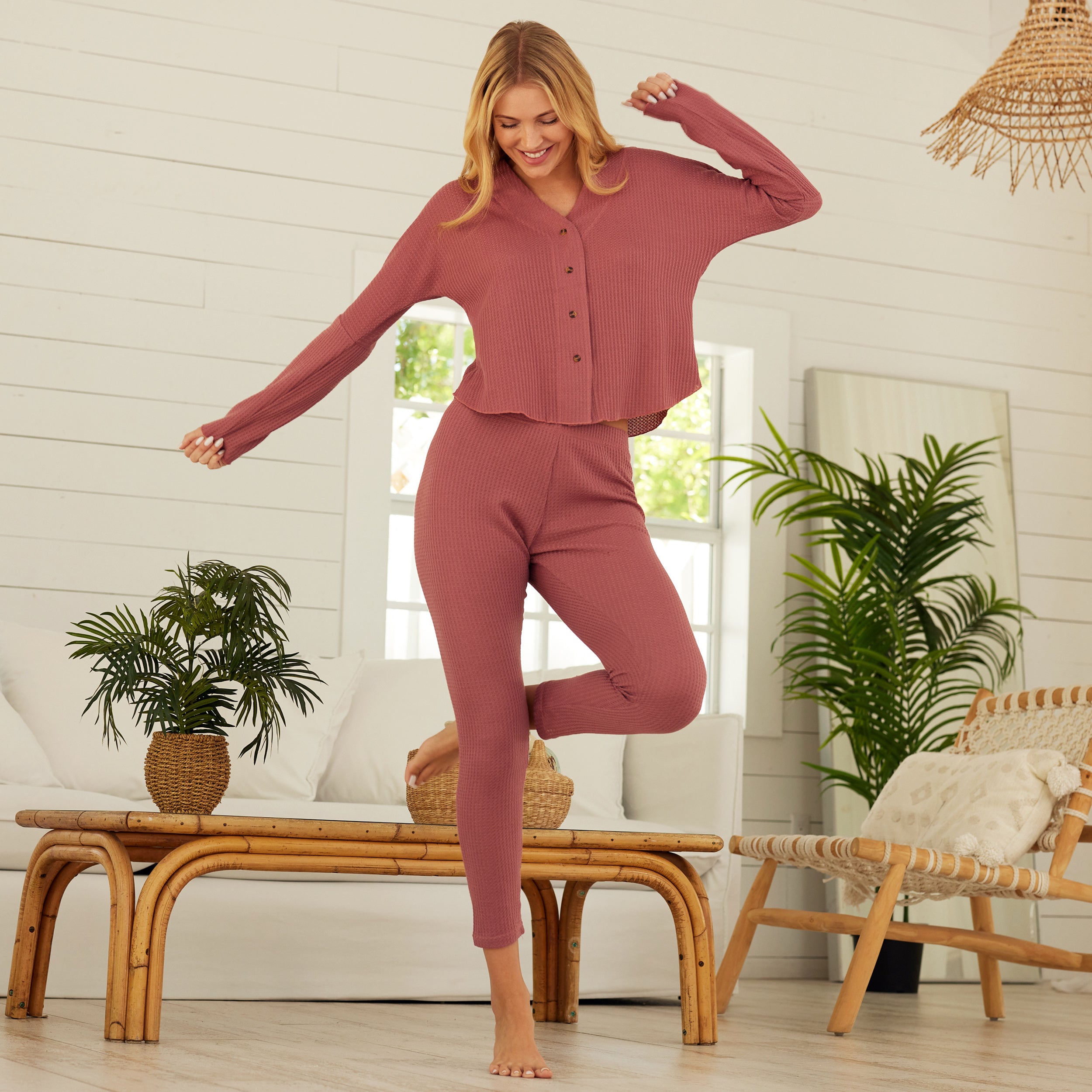 Adr Women's Ribbed Knit Pajamas Set, Button Down Drop Shoulder Top