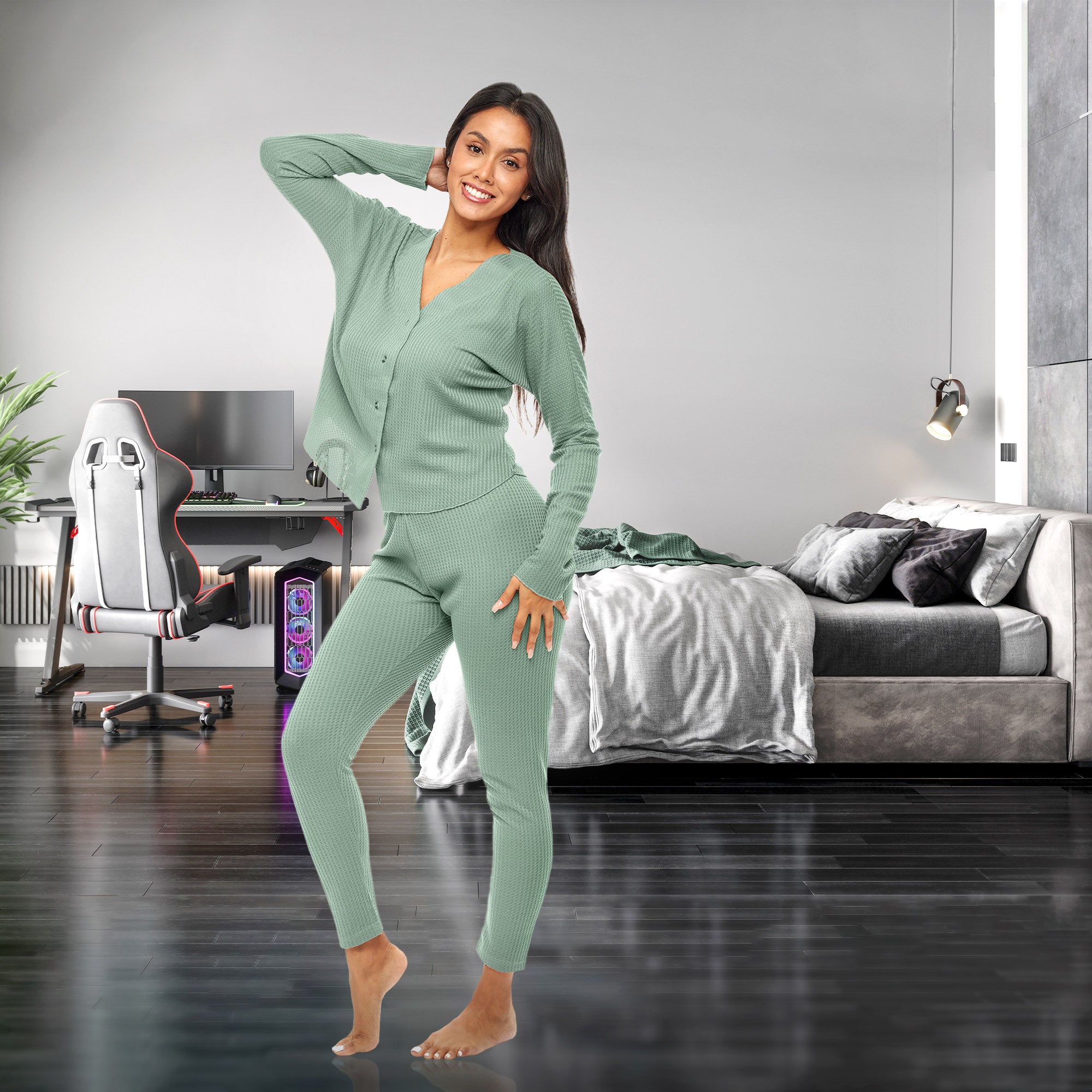 Women's Soft Ribbed Waffle Rib Knit Pajamas Lounge Set, Long Sleeve Drop  Shoulder V-neck Top and Leggings PJ Pants – Alexander Del Rossa