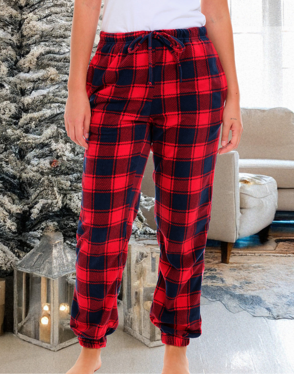 Red and Navy Plaid Polar Fleece Pajama Pants for Women, Joggers, Sweatpants, PJ Bottoms