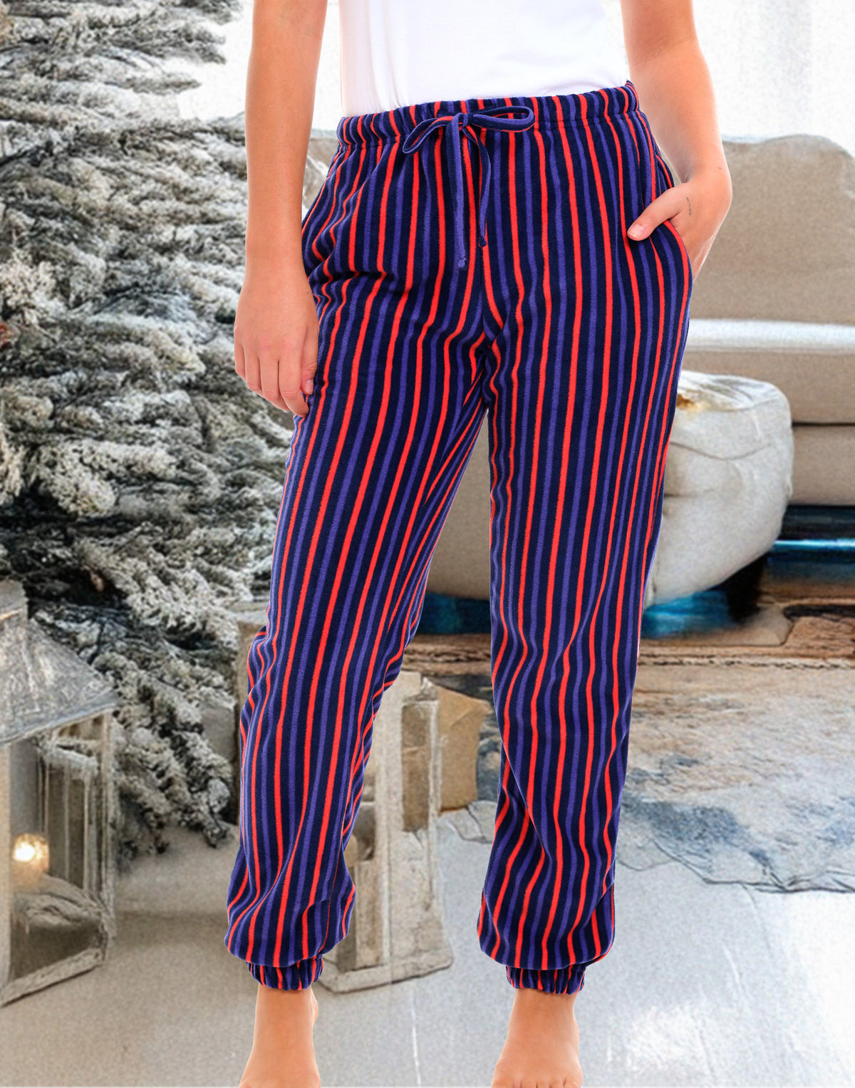 Cranberry Navy Stripe Polar Fleece Pajama Pants for Women, Joggers, Sweatpants, PJ Bottoms