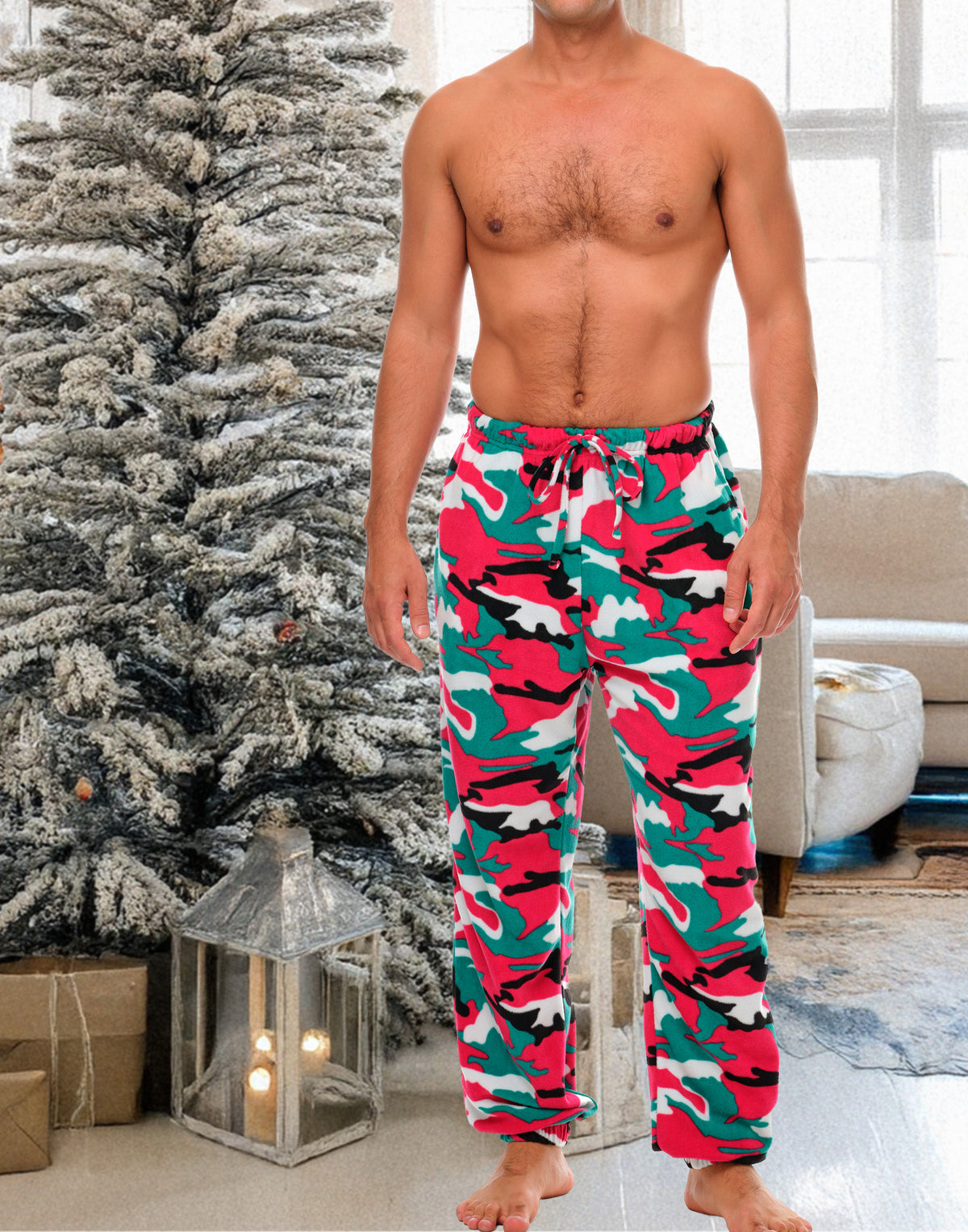 Christmas Camouflage Polar Fleece Pajama Pants for Men, Joggers, Sweatpants, PJ Bottoms