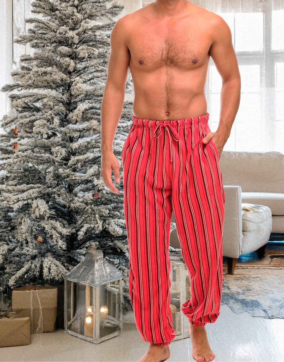 Cabin Stripe Polar Fleece Pajama Pants for Men, Joggers, Sweatpants, PJ Bottoms