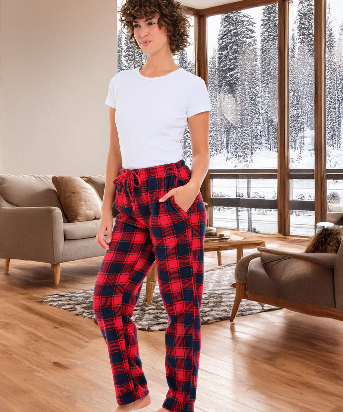Women's Red and Navy Plaid Soft Polar Fleece Pajama Pants, Sweatpants, Warm Pj Bottoms
