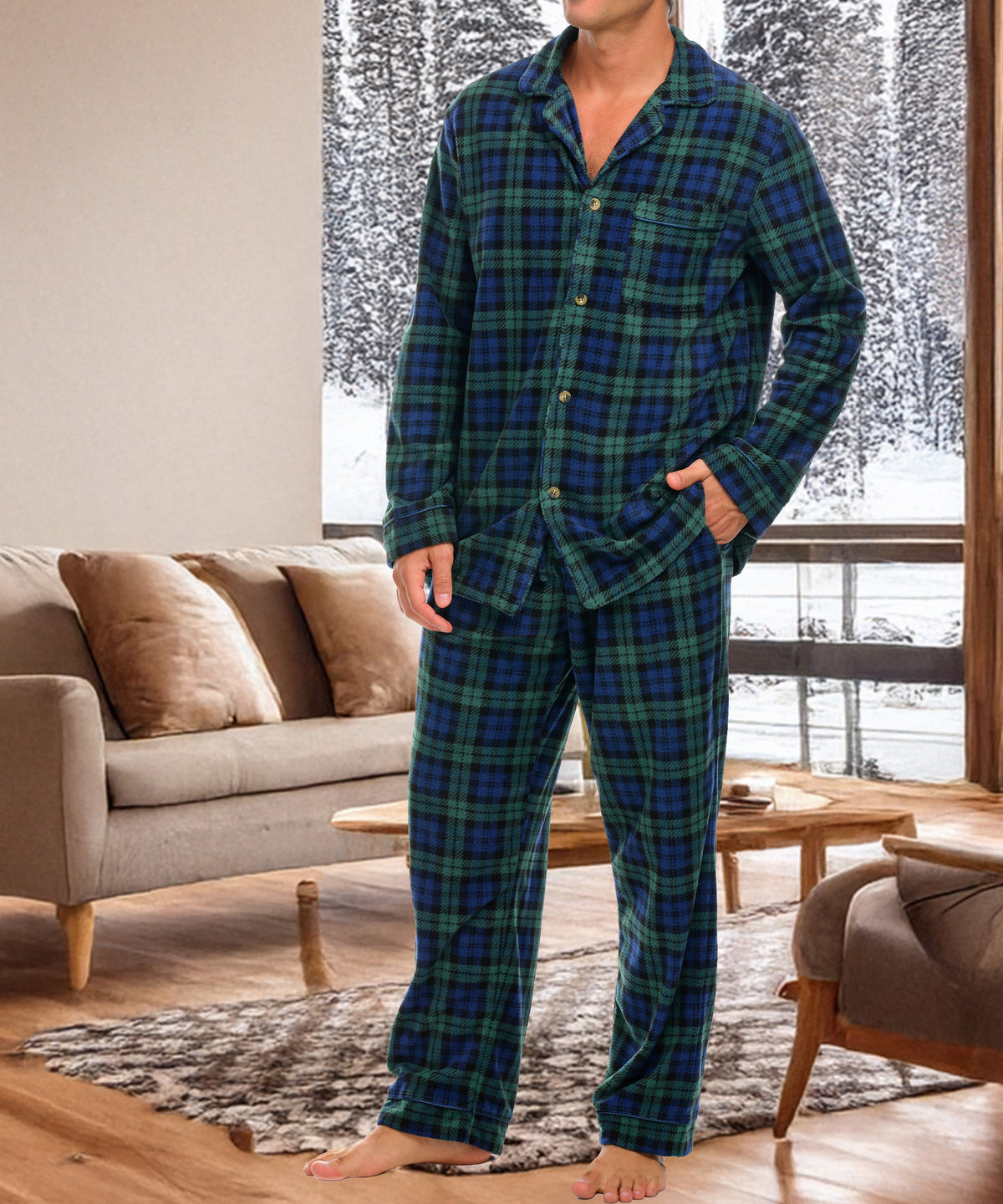 Black Watch Tartan Plaid Lightweight Fleece Pajamas for Men, Long Sleeve Button Up PJ Set with Pockets
