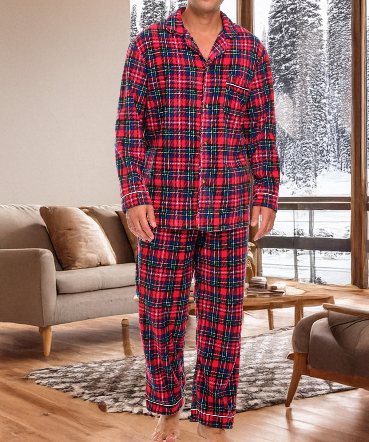Christmas Plaid Lightweight Fleece Pajamas for Men, Long Sleeve Button Up PJ Set with Pockets
