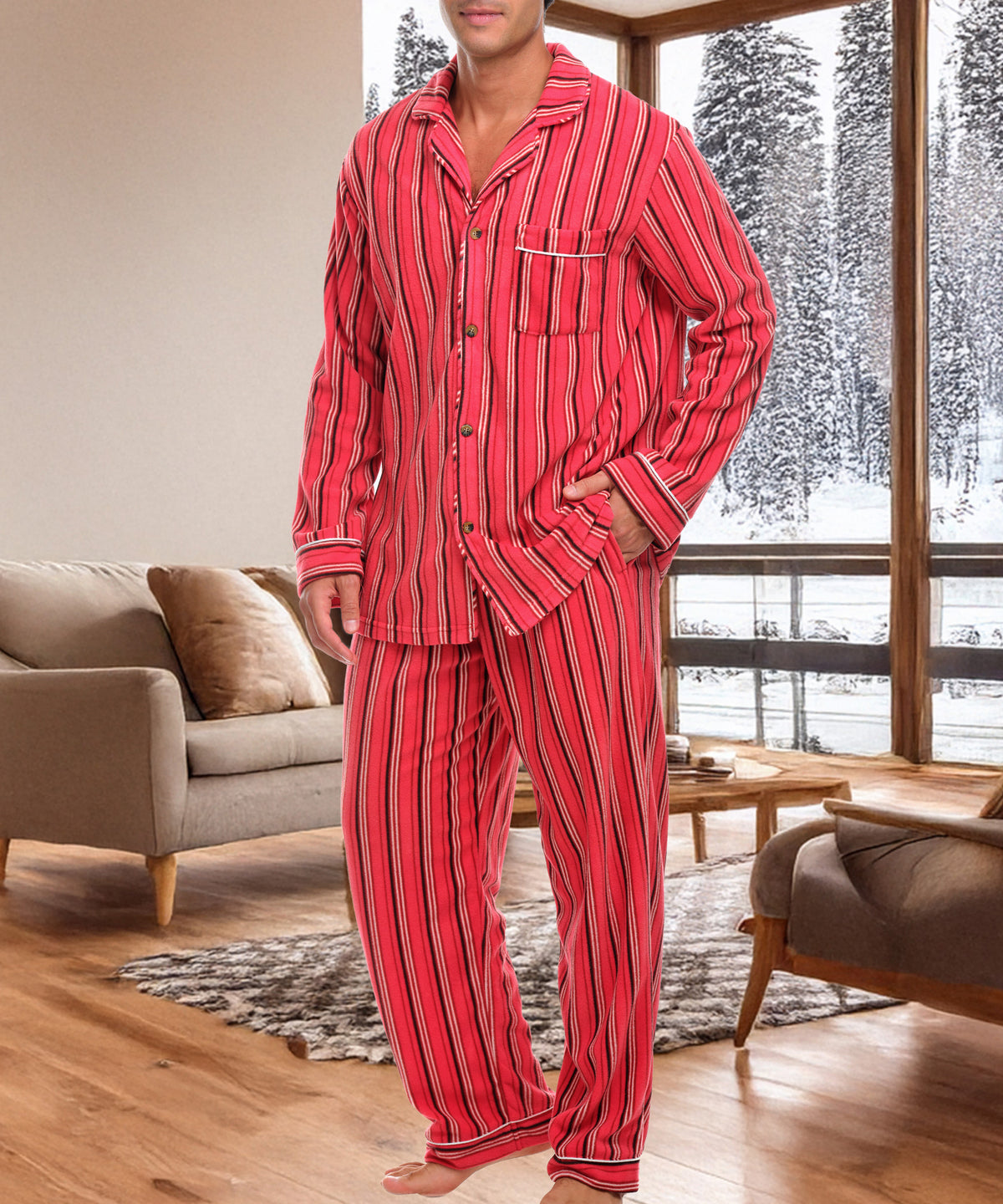 Cabin Stripe Lightweight Fleece Pajamas for Men, Long Sleeve Button Up PJ Set with Pockets
