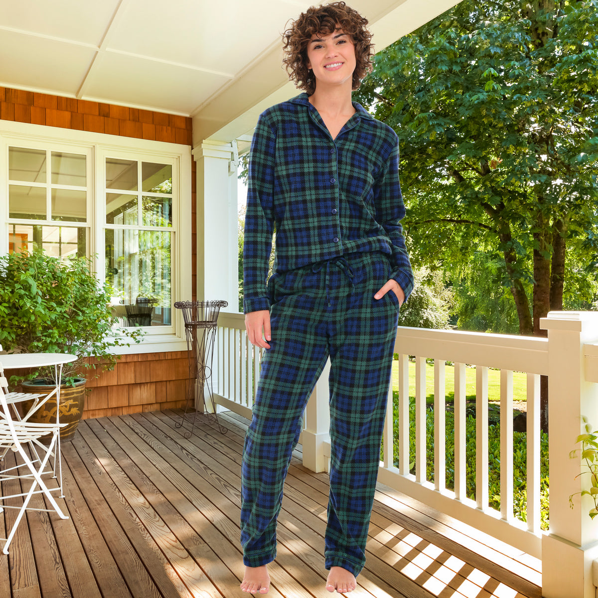 Black Watch Tartan Plaid Lightweight Fleece Pajamas for Women, Long Sleeve Button Up PJ Set with Pockets