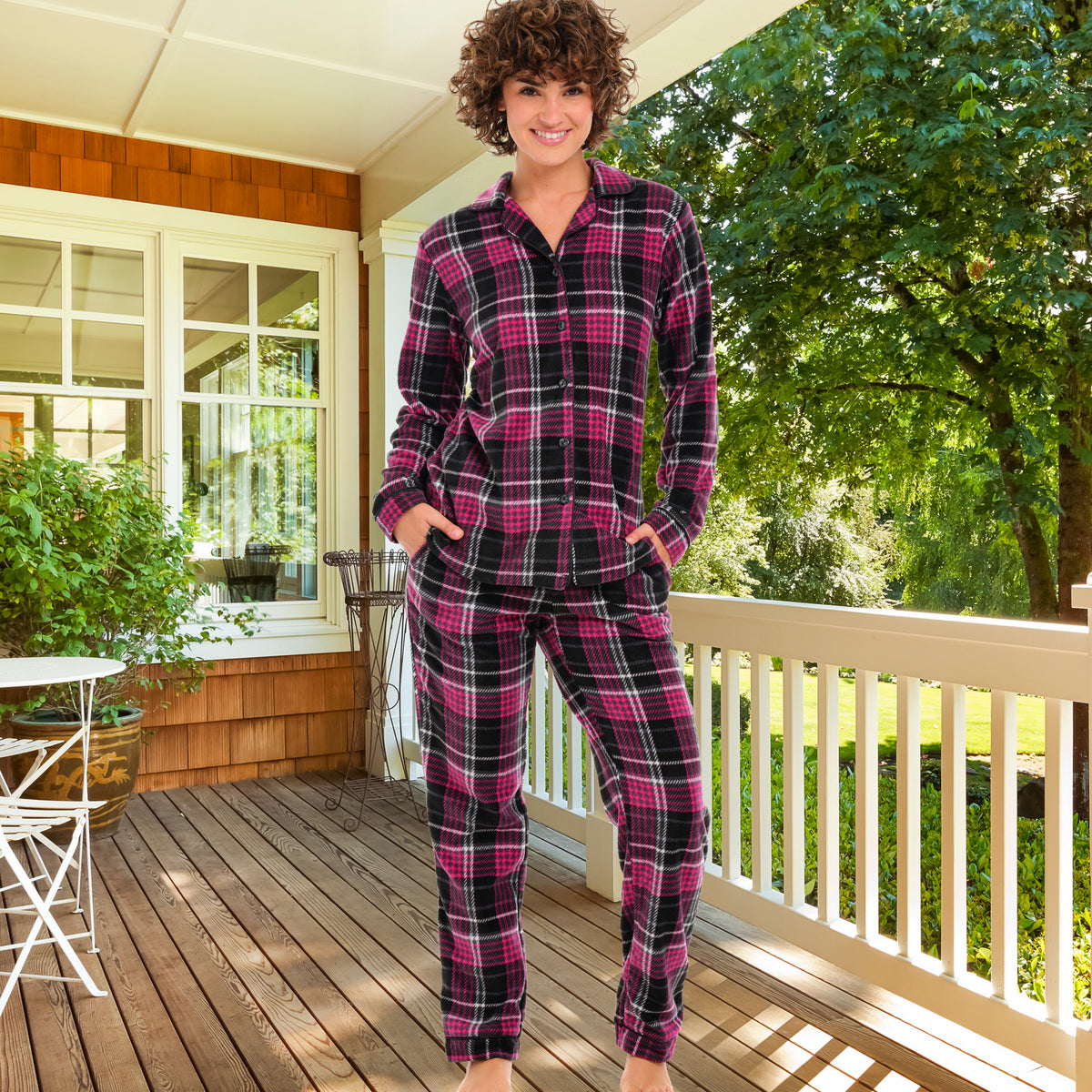 Shadow Rose Plaid Lightweight Fleece Pajamas for Women, Long Sleeve Button Up PJ Set with Pockets