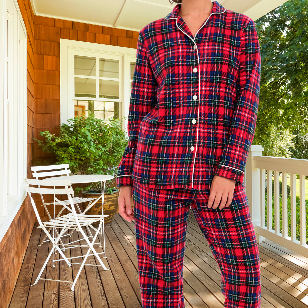 Christmas Plaid Lightweight Fleece Pajamas for Women, Long Sleeve Button Up PJ Set with Pockets