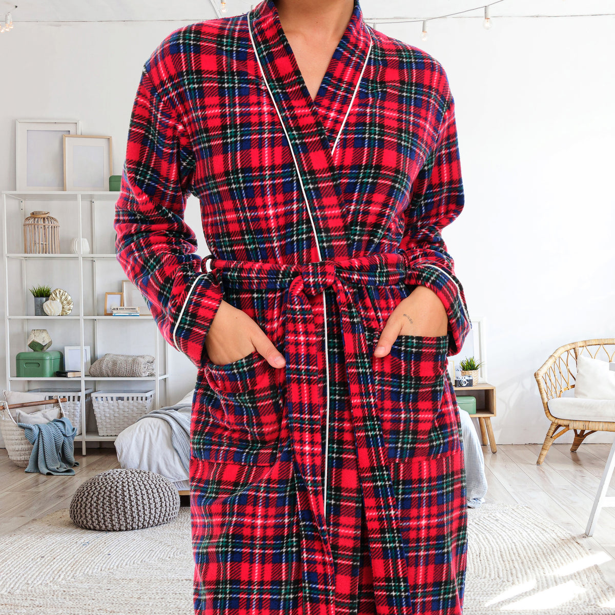 Women's Christmas Plaid Lightweight Fleece Robe – Long Sleeve, Calf Length with Pockets
