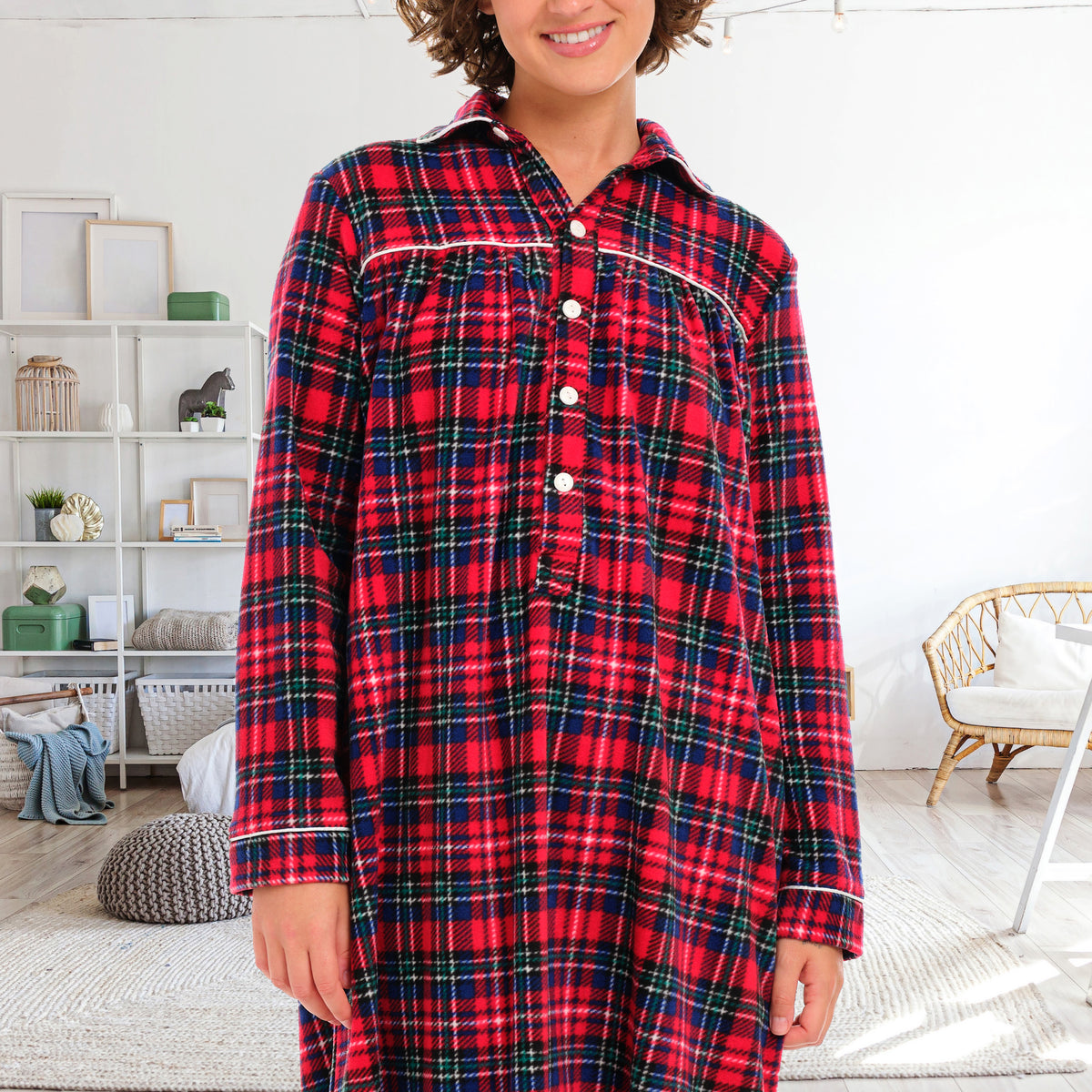 Women's Christmas Plaid Polar Fleece Nightgown, Long Button Up Sleep Shirt