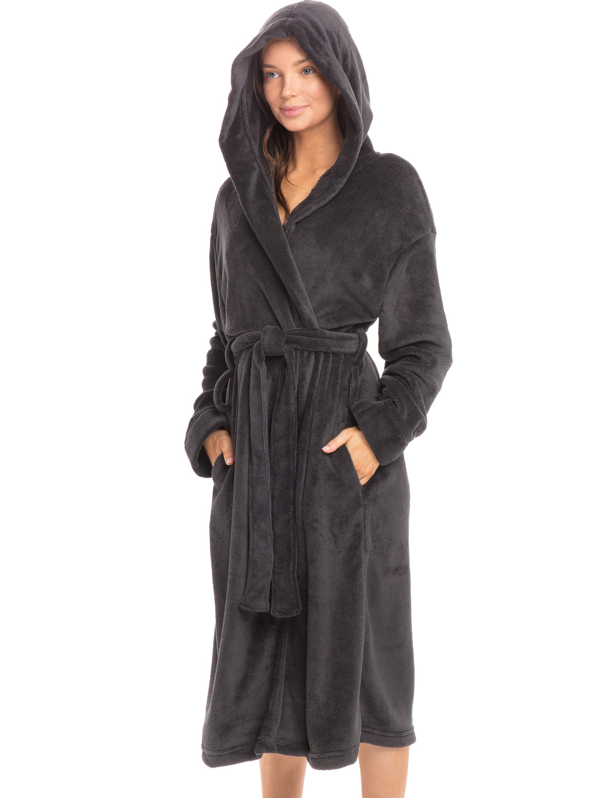Women's Graphite Gray Plush Fleece Robe with Hood, Lightweight Hooded Bathrobe with Pockets - Graphite Gray - lifestyle